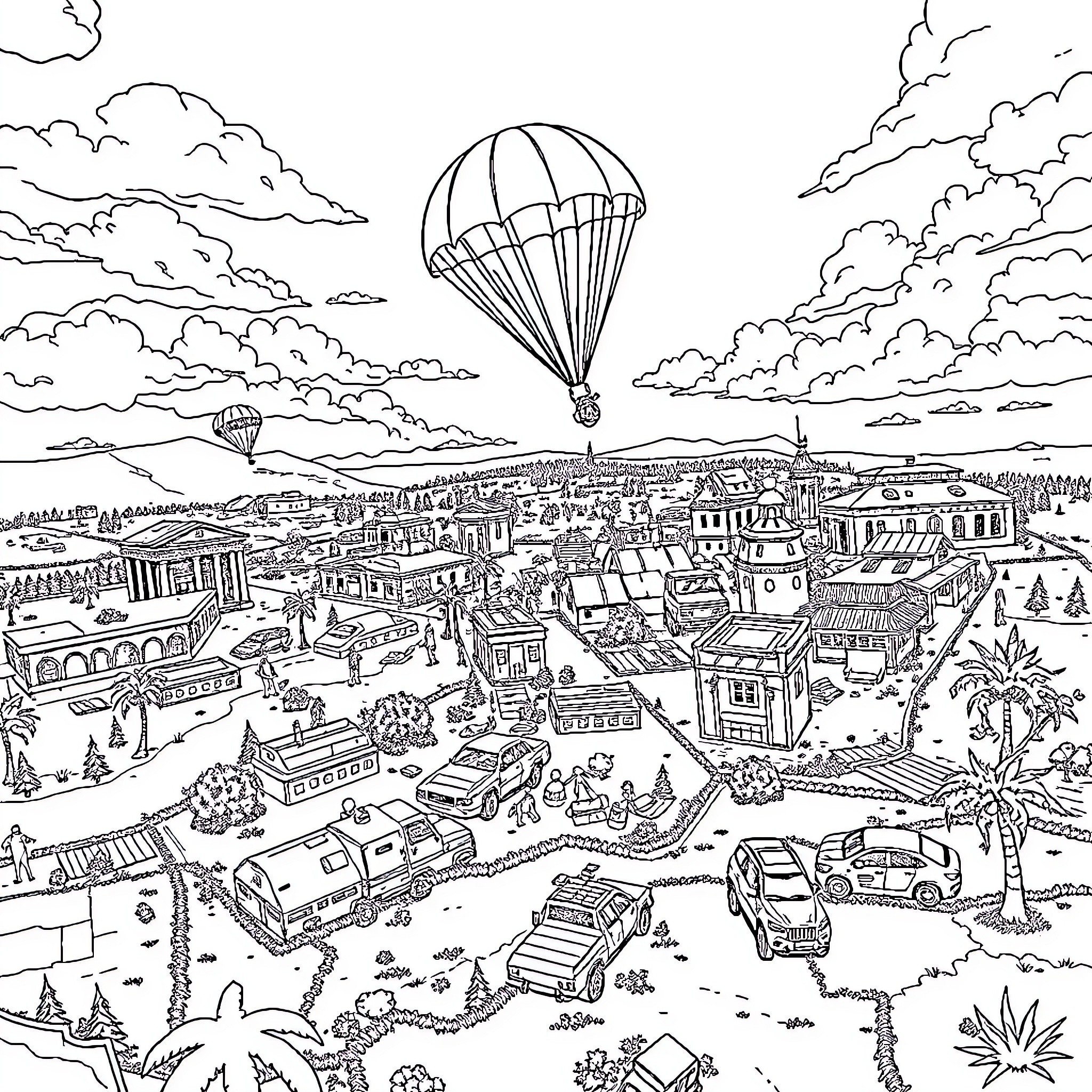 Pubg landscape with parachuting players and military vehicles Coloring Page (free black-and-white line drawing printable PDF for all, from beginners to advanced learners, including children, teens, adults, and seniors)