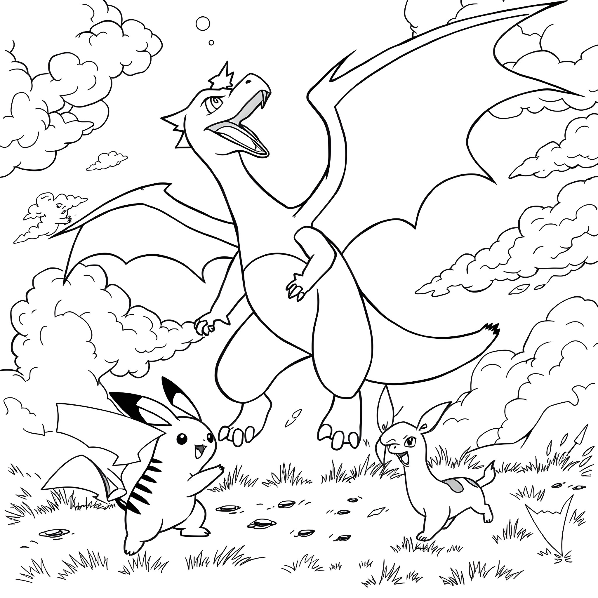 Charizard unleashing fiery breath amid clouds Coloring Page (free black-and-white line drawing printable PDF for all, from beginners to advanced learners, including children, teens, adults, and seniors)
