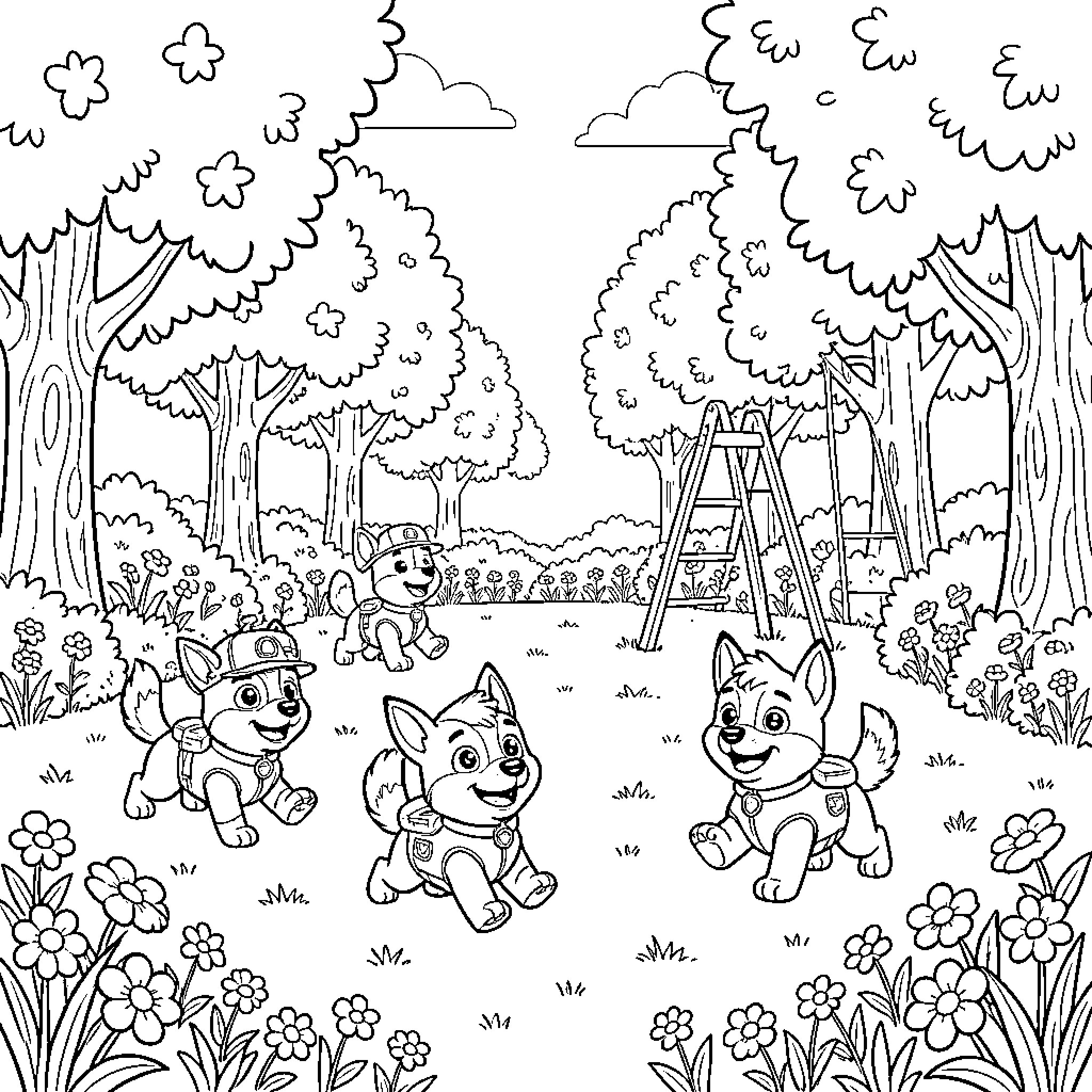 Paw Patrol characters exploring the forest Coloring Page (free black-and-white line drawing printable PDF for all, from beginners to advanced learners, including children, teens, adults, and seniors)