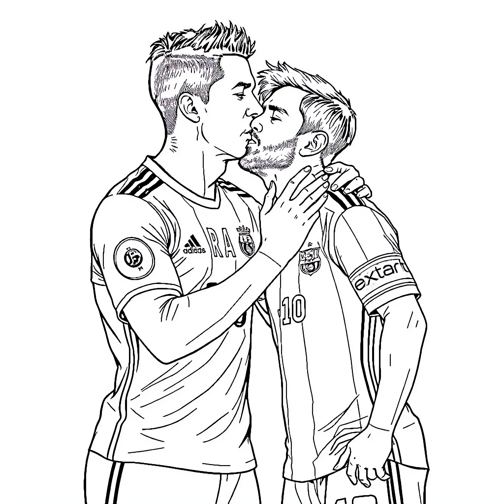Cr7 Celebrating Victory with Teammate Coloring Page (free black-and-white line drawing printable PDF for all, from beginners to advanced learners, including children, teens, adults, and seniors)