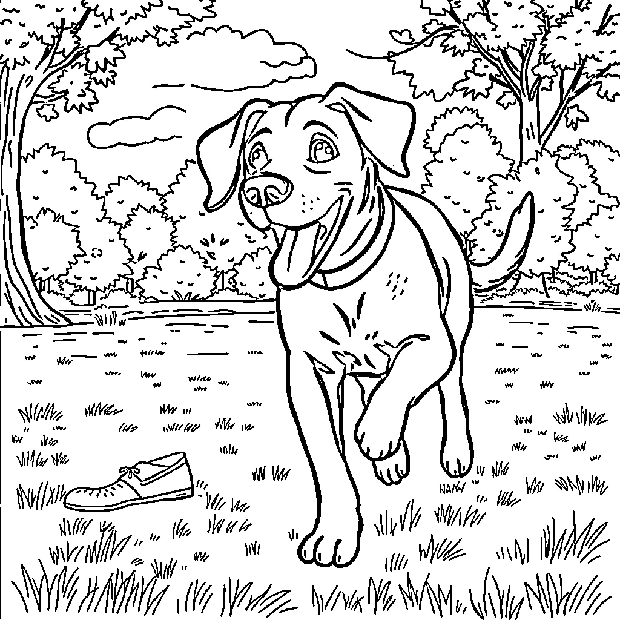 Lab Dog Exploring Outdoor Nature Scene Coloring Page (free black-and-white line drawing printable PDF for all, from beginners to advanced learners, including children, teens, adults, and seniors)
