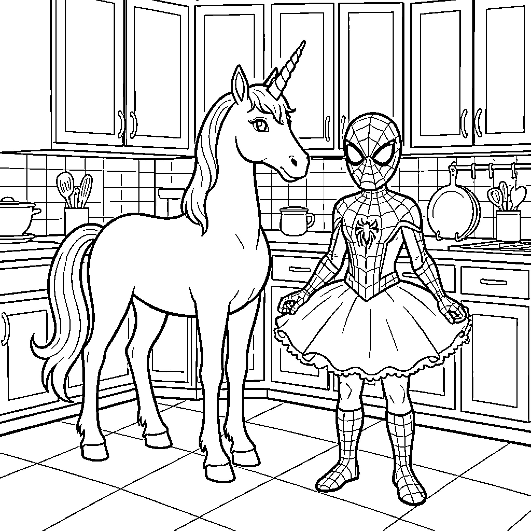 Unicorn standing beside a superhero in a tutu Coloring Page (free black-and-white line drawing printable PDF for all, from beginners to advanced learners, including children, teens, adults, and seniors)