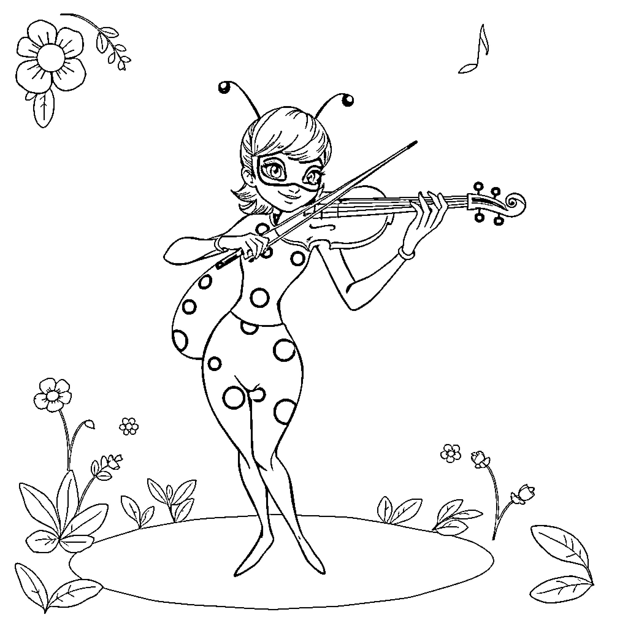 Ladybug playing the violin in a garden Coloring Page (free black-and-white line drawing printable PDF for all, from beginners to advanced learners, including children, teens, adults, and seniors)