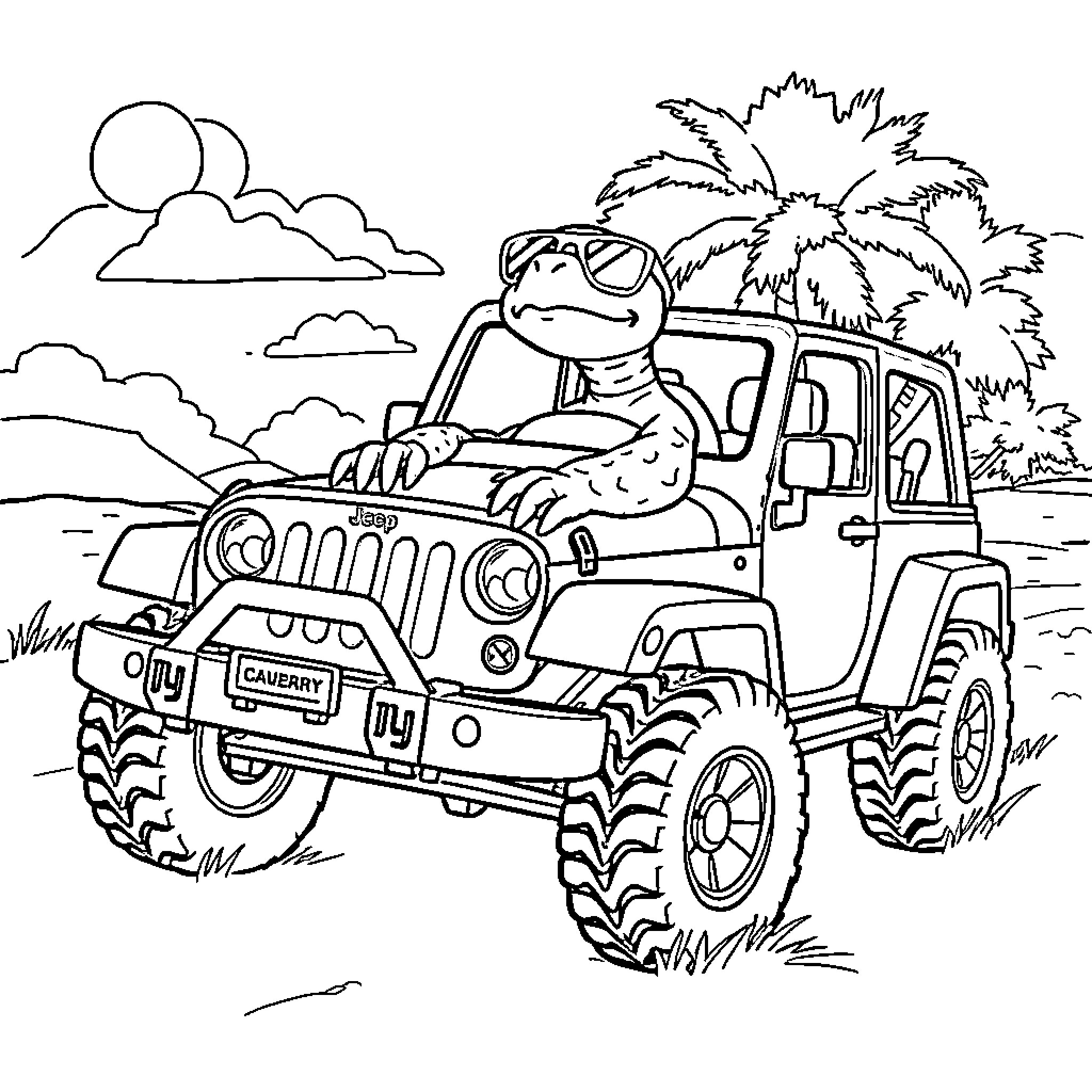 Turtle riding a rugged off-road vehicle Coloring Page (free black-and-white line drawing printable PDF for all, from beginners to advanced learners, including children, teens, adults, and seniors)