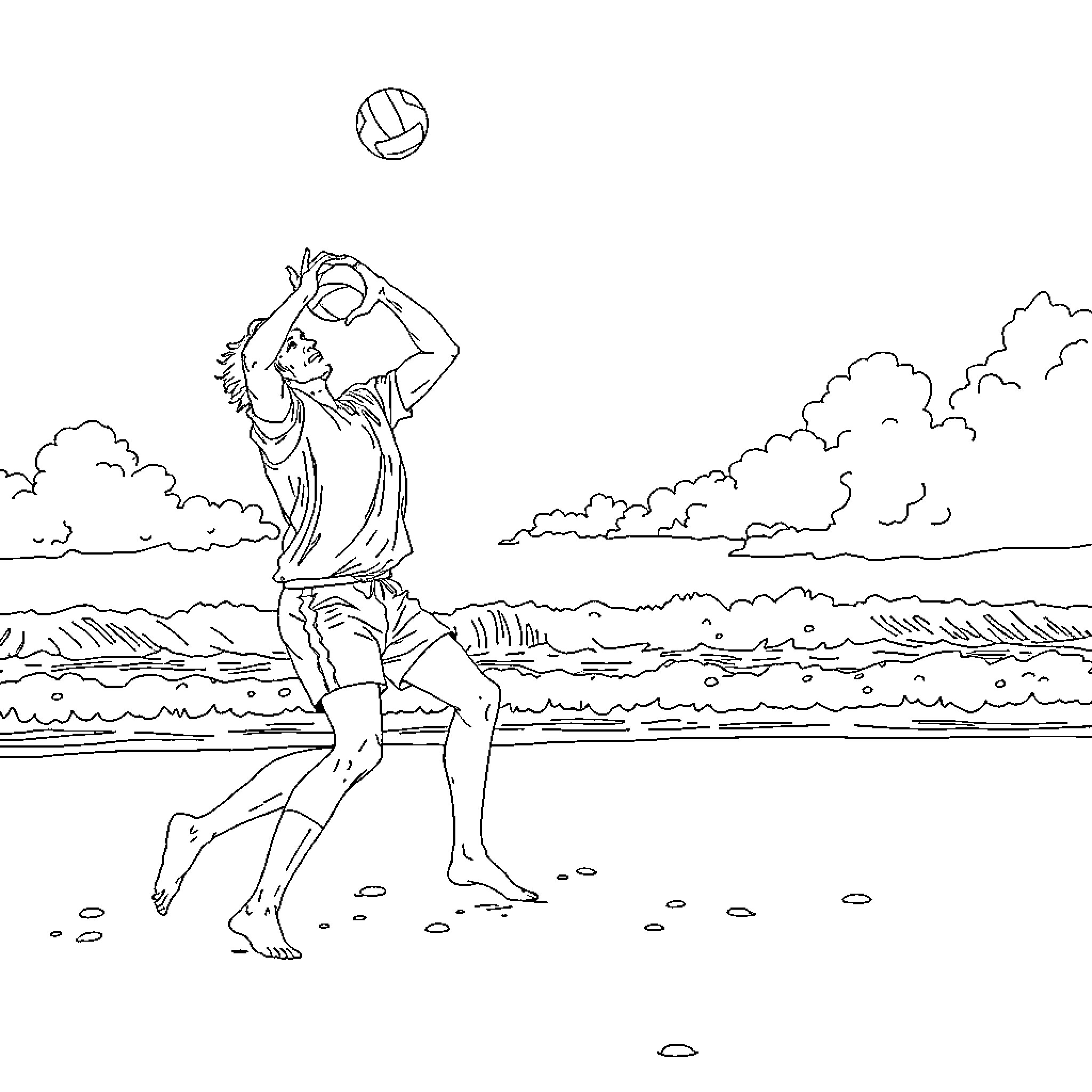 Diego Maradona playing volleyball on the beach Coloring Page (free black-and-white line drawing printable PDF for all, from beginners to advanced learners, including children, teens, adults, and seniors)
