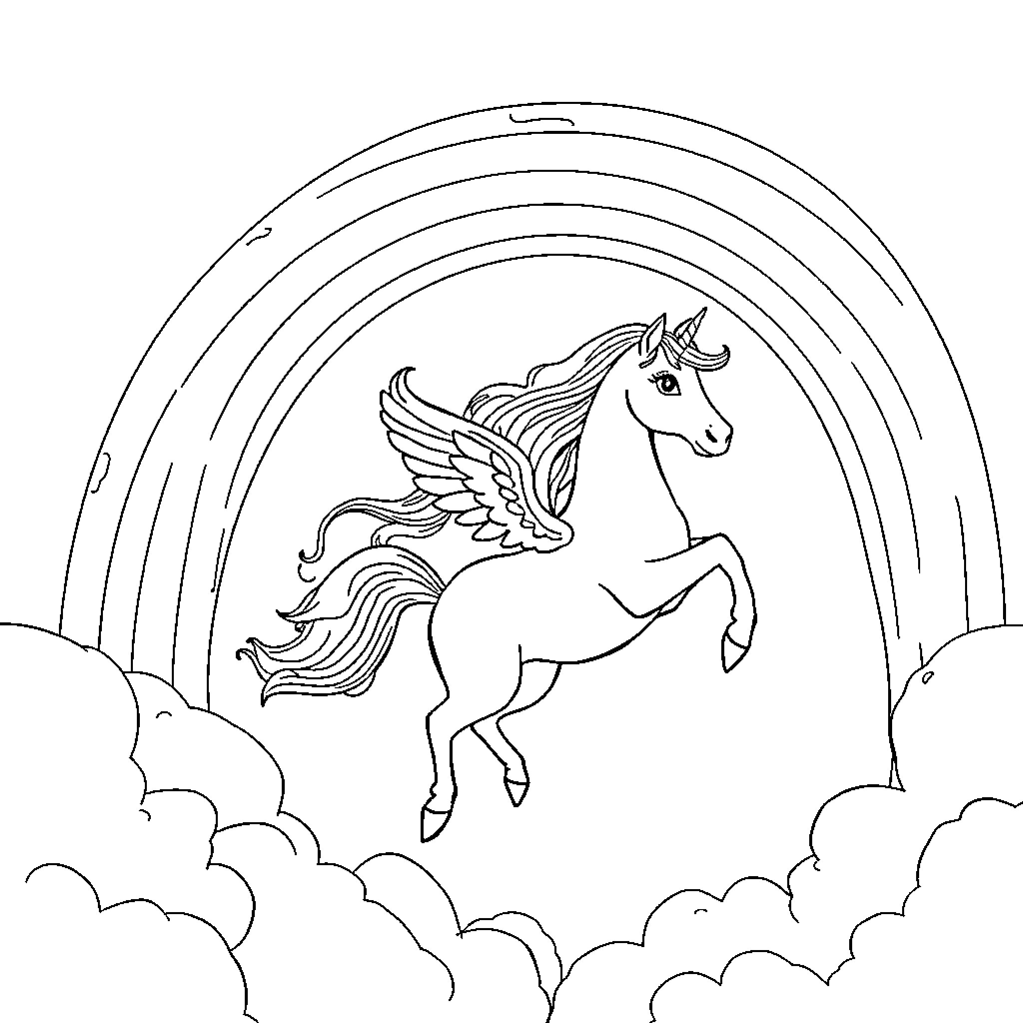 Unicorn soaring through the clouds with majestic wings Coloring Page (free black-and-white line drawing printable PDF for all, from beginners to advanced learners, including children, teens, adults, and seniors)