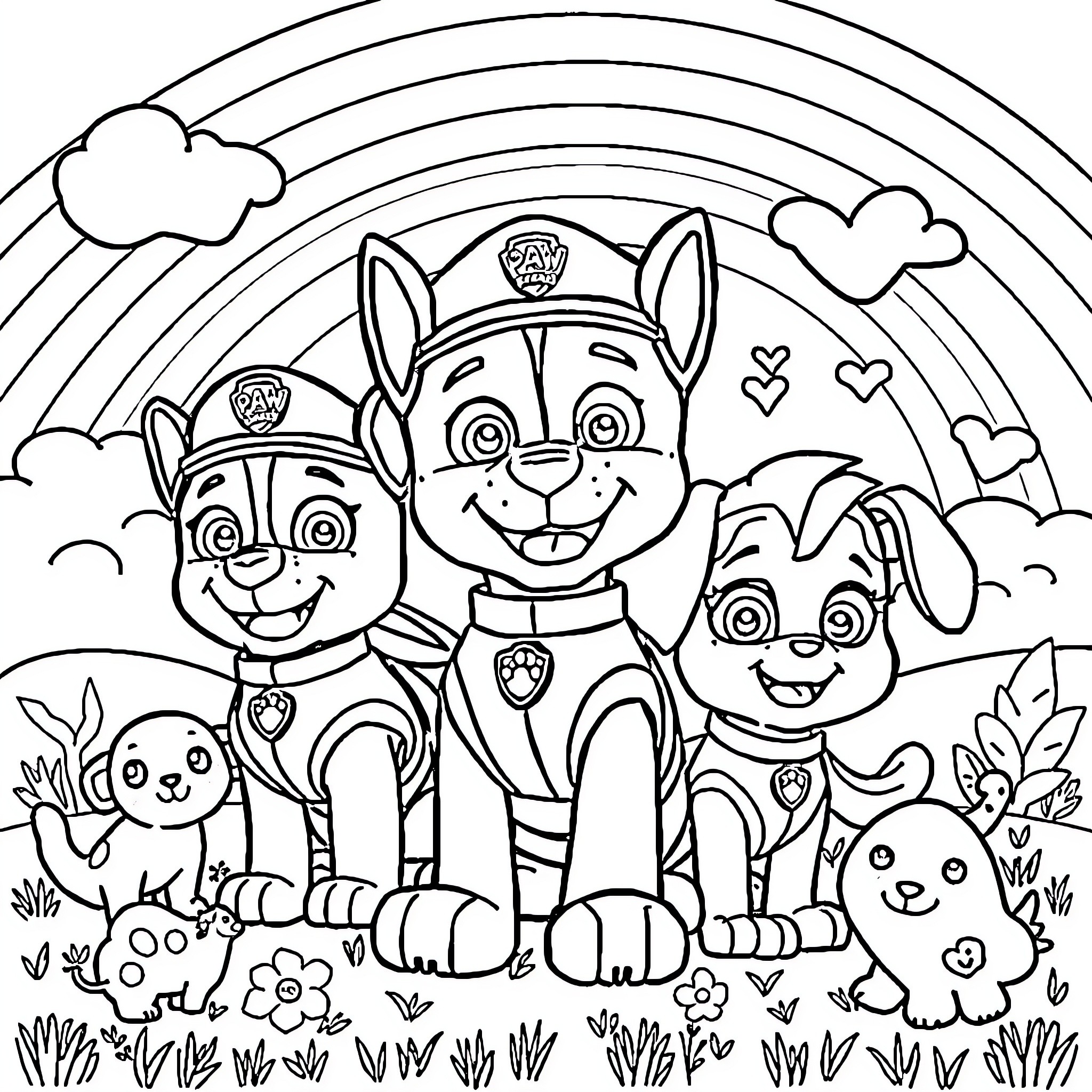 Paw Patrol Pups Playing in Colorful Outdoor Scene Coloring Page (free black-and-white line drawing printable PDF for all, from beginners to advanced learners, including children, teens, adults, and seniors)