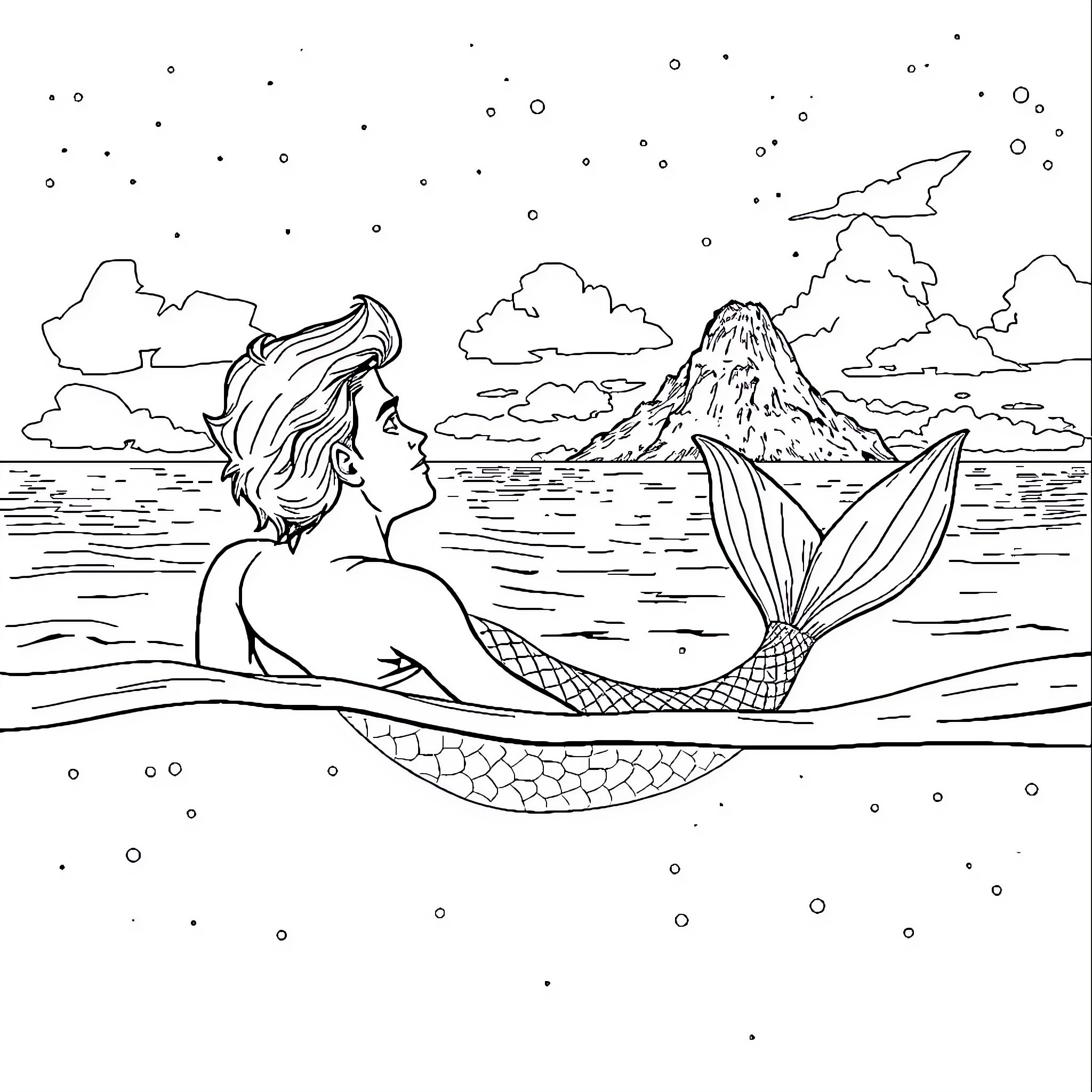 Merman gazing at the starry night sky Coloring Page (free black-and-white line drawing printable PDF for all, from beginners to advanced learners, including children, teens, adults, and seniors)