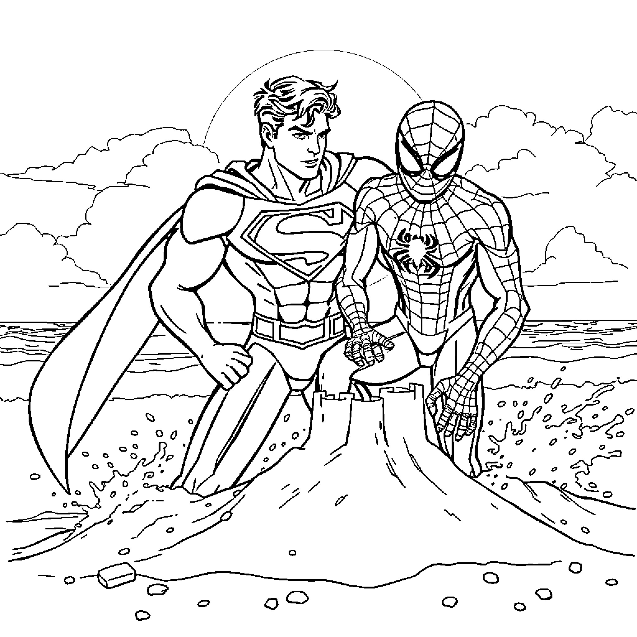 Superman and Spiderman Team Up for an Adventure Coloring Page (free black-and-white line drawing printable PDF for all, from beginners to advanced learners, including children, teens, adults, and seniors)