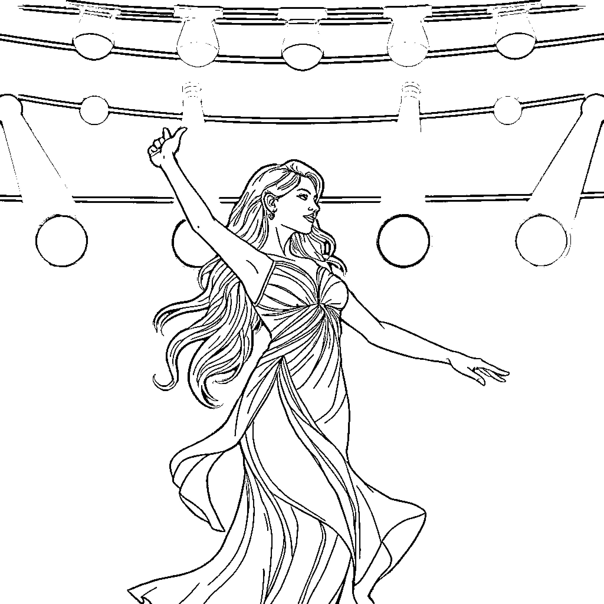 Woman performing on a stage with ornate background Coloring Page (free black-and-white line drawing printable PDF for all, from beginners to advanced learners, including children, teens, adults, and seniors)