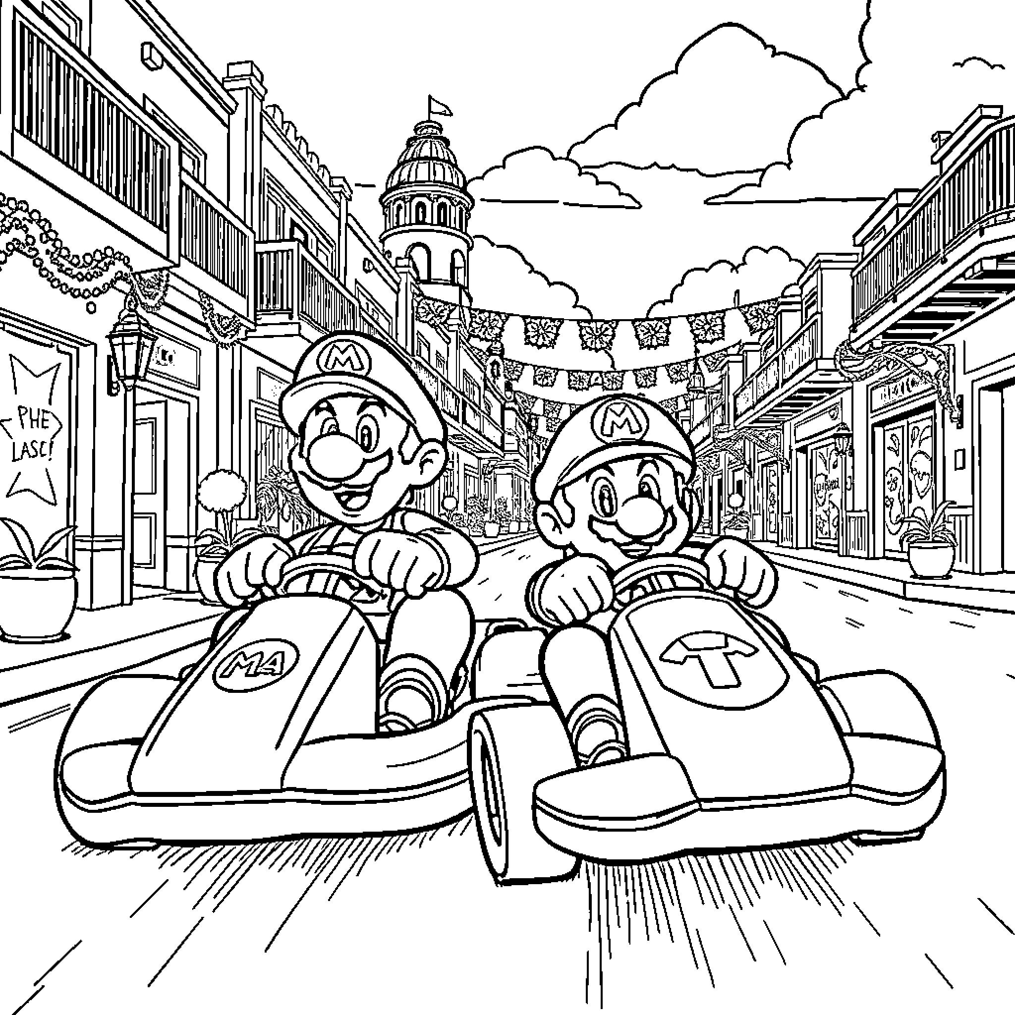 Mario's Joyride Through the Lively Town Coloring Page (free black-and-white line drawing printable PDF for all, from beginners to advanced learners, including children, teens, adults, and seniors)