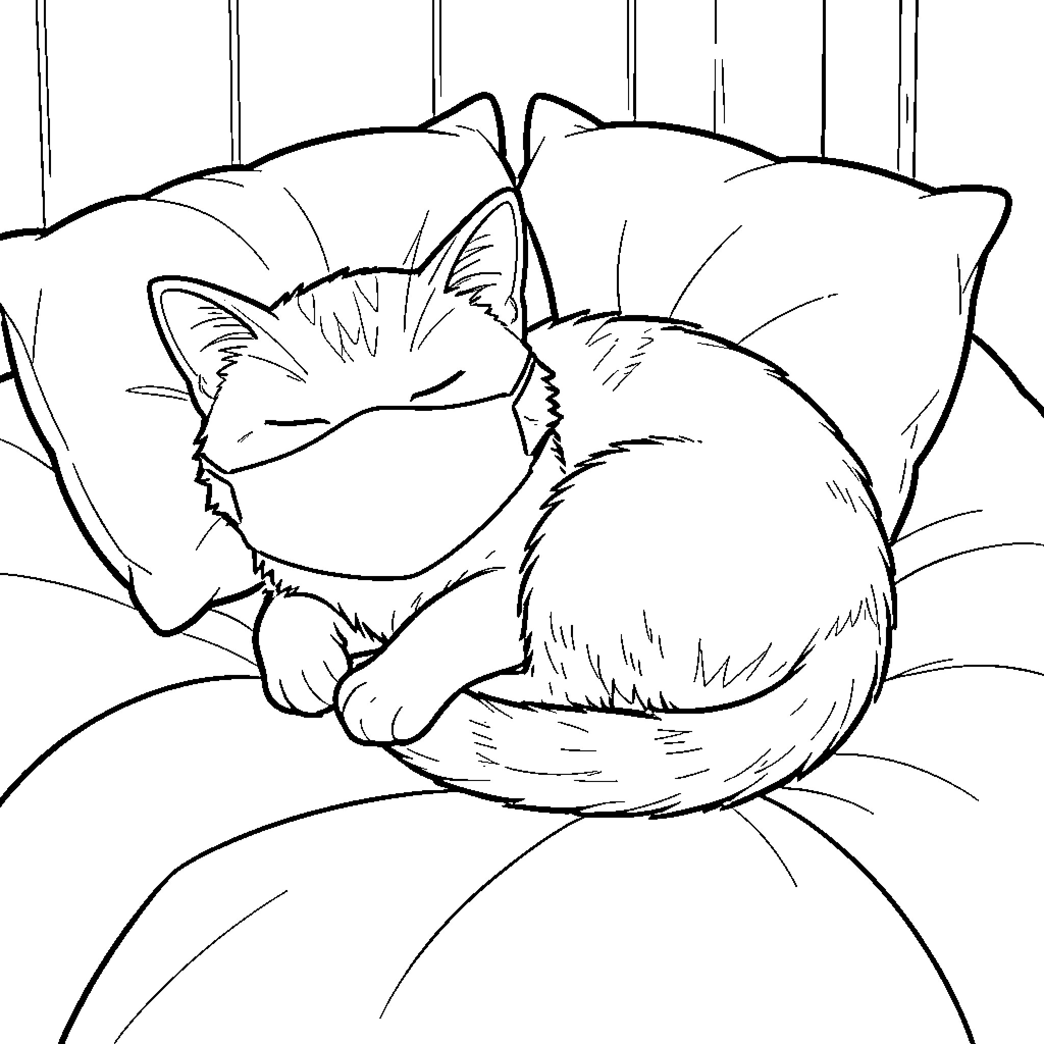Gato sleeping peacefully on a soft pillow Coloring Page (free black-and-white line drawing printable PDF for all, from beginners to advanced learners, including children, teens, adults, and seniors)