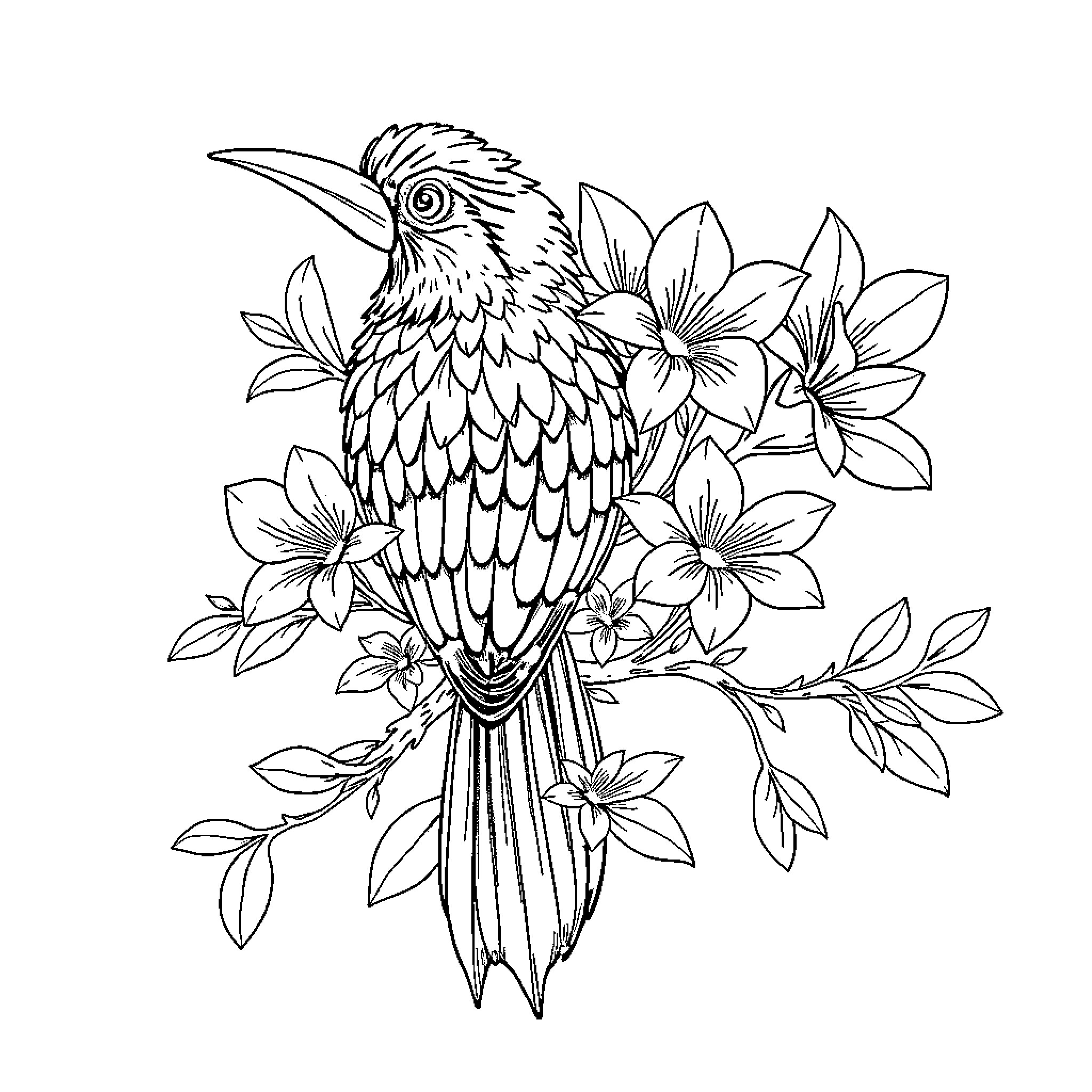 Atrapasueños: Vibrant Bird Amid Blooming Flowers Coloring Page (free black-and-white line drawing printable PDF for all, from beginners to advanced learners, including children, teens, adults, and seniors)