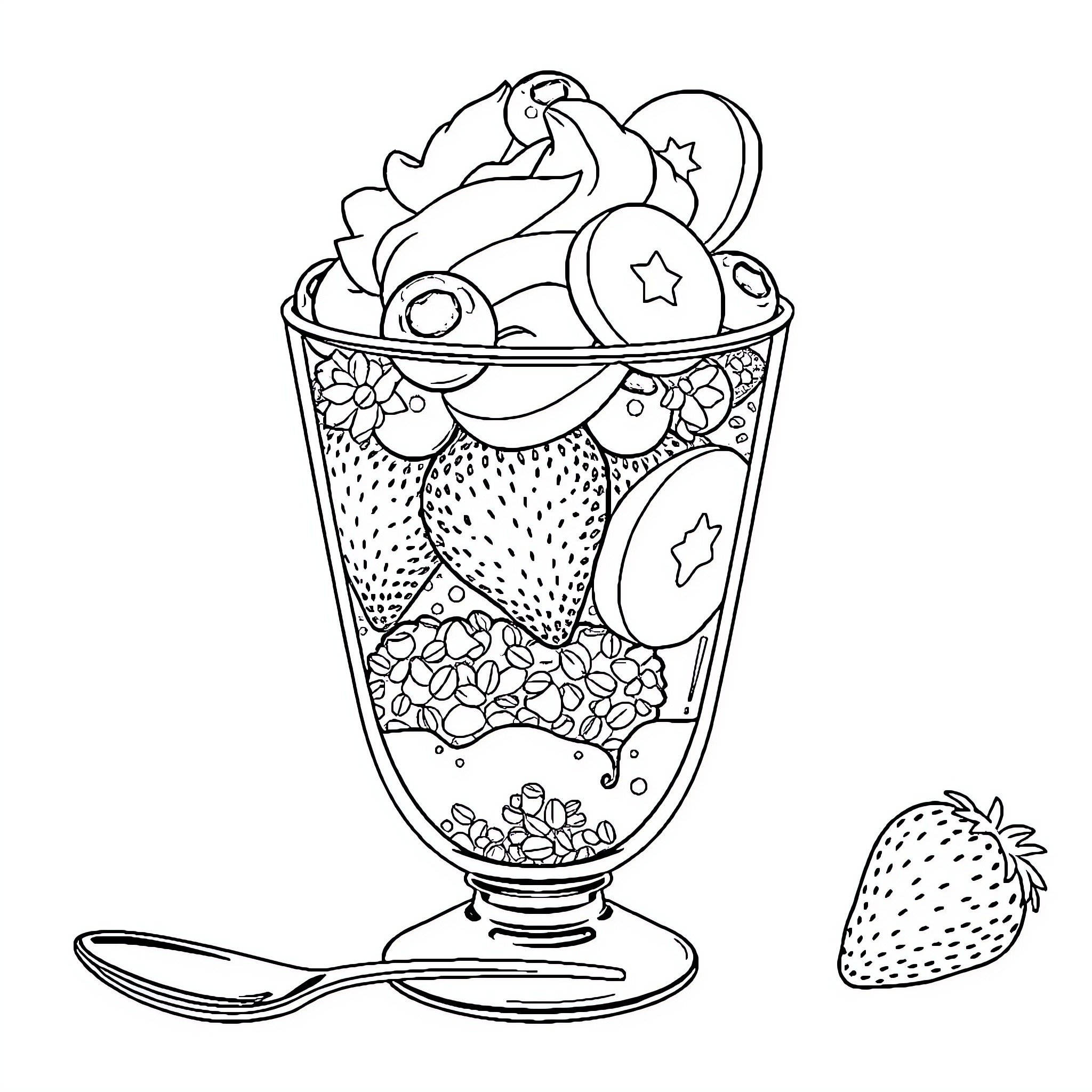 Parfait with Fruit and Dessert Treats Coloring Page (free black-and-white line drawing printable PDF for all, from beginners to advanced learners, including children, teens, adults, and seniors)