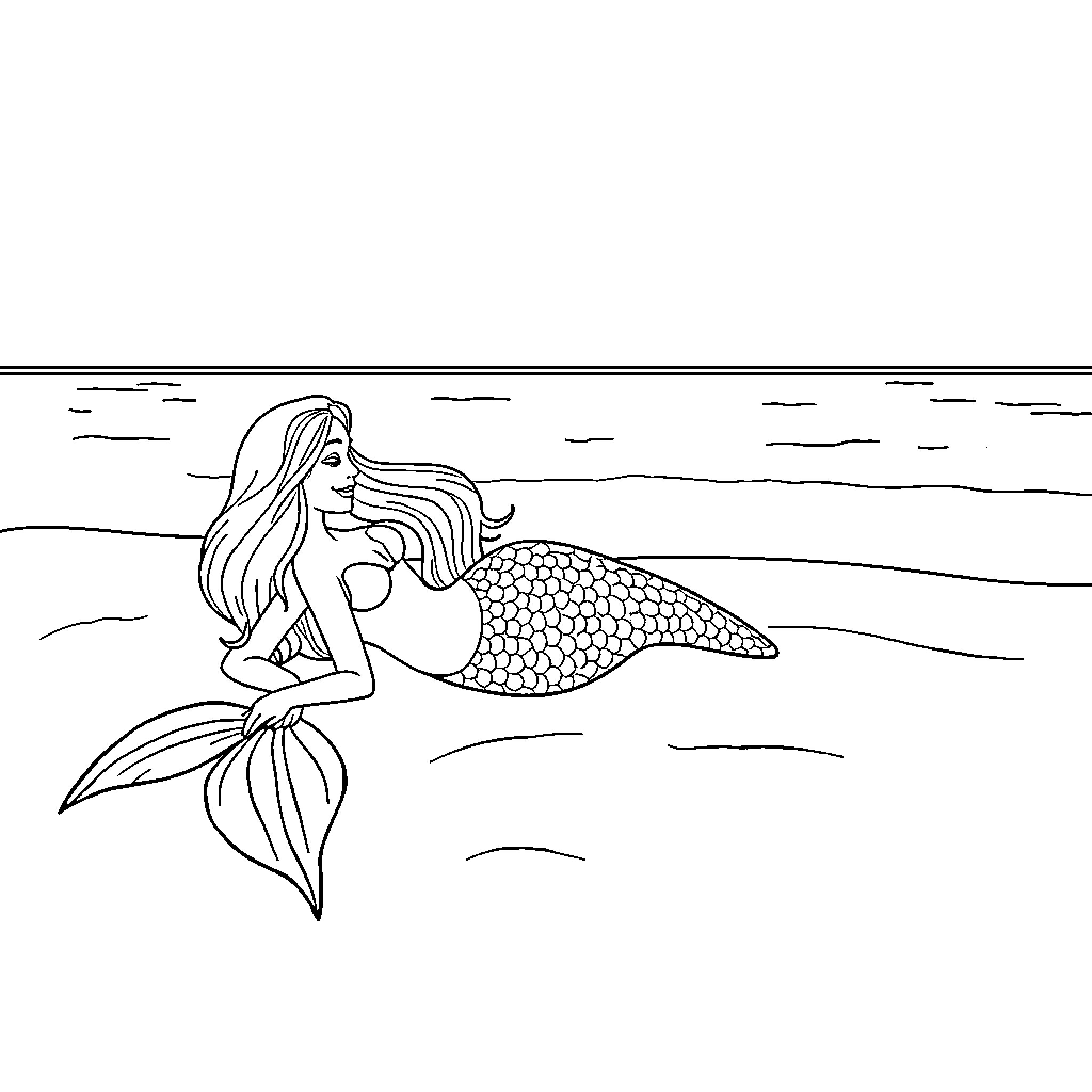 Mermaid resting peacefully in the ocean Coloring Page (free black-and-white line drawing printable PDF for all, from beginners to advanced learners, including children, teens, adults, and seniors)