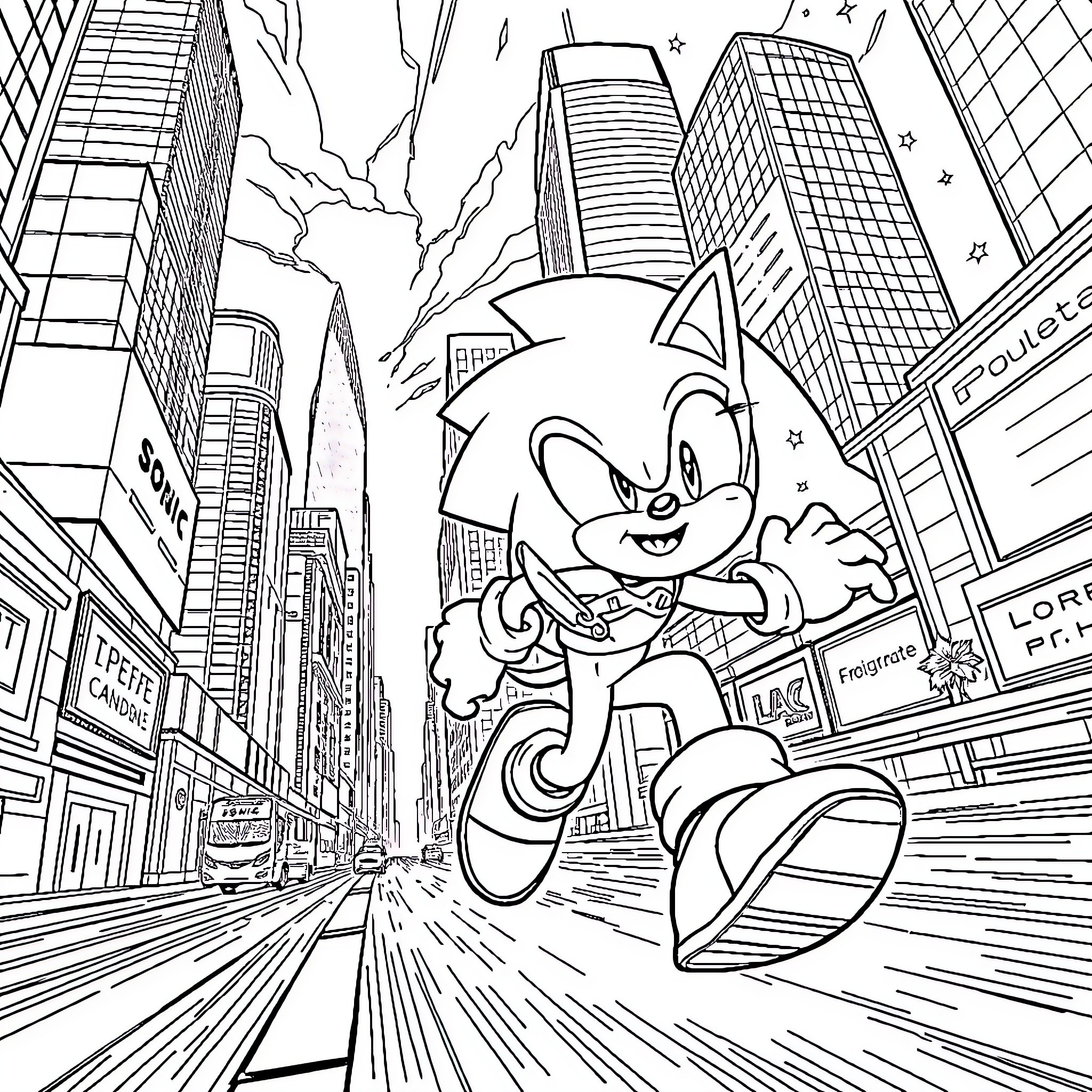 Sonic's Speedy Adventure in the City Skyline Coloring Page (free black-and-white line drawing printable PDF for all, from beginners to advanced learners, including children, teens, adults, and seniors)