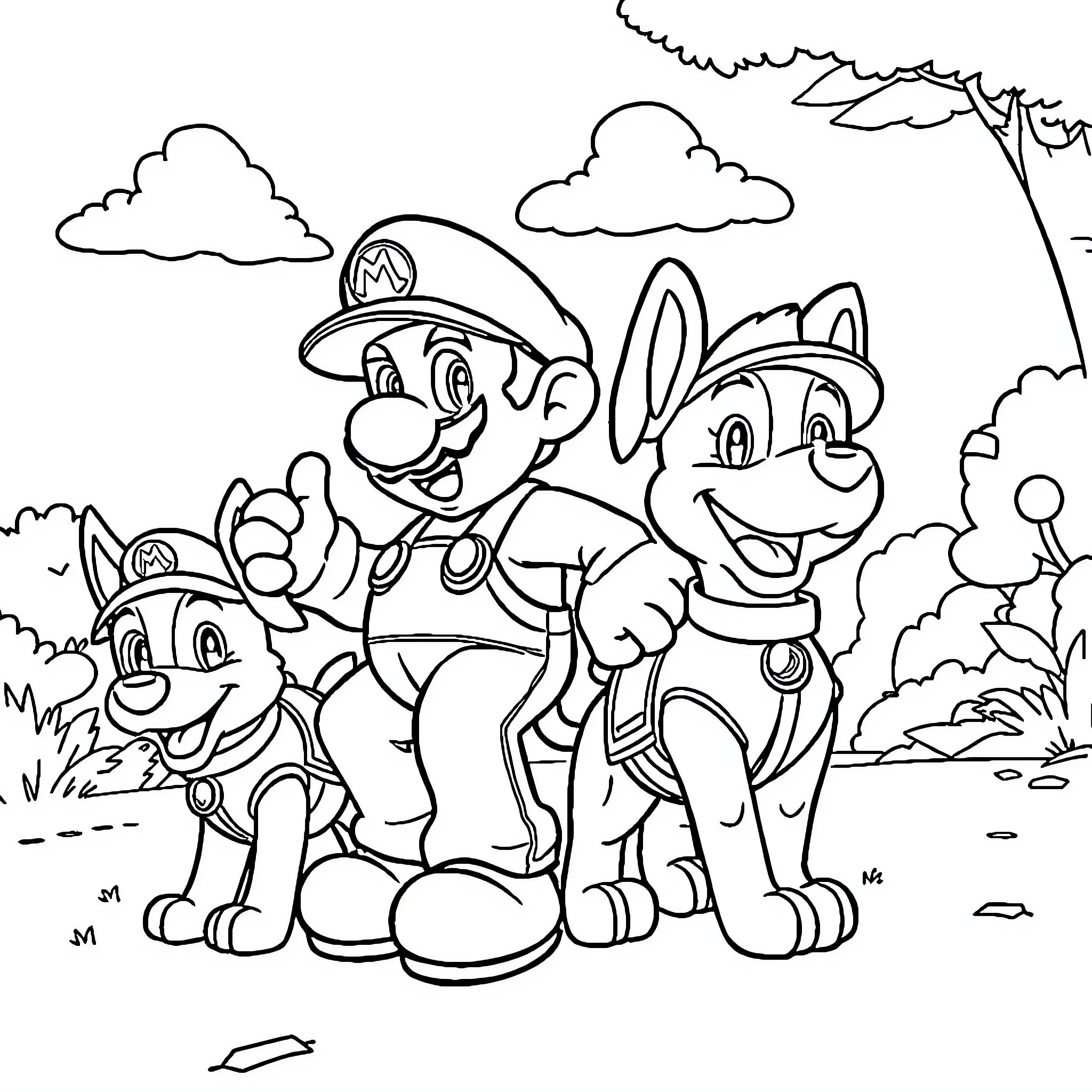 Mario and friends in a cartoon outdoor scene Coloring Page (free black-and-white line drawing printable PDF for all, from beginners to advanced learners, including children, teens, adults, and seniors)