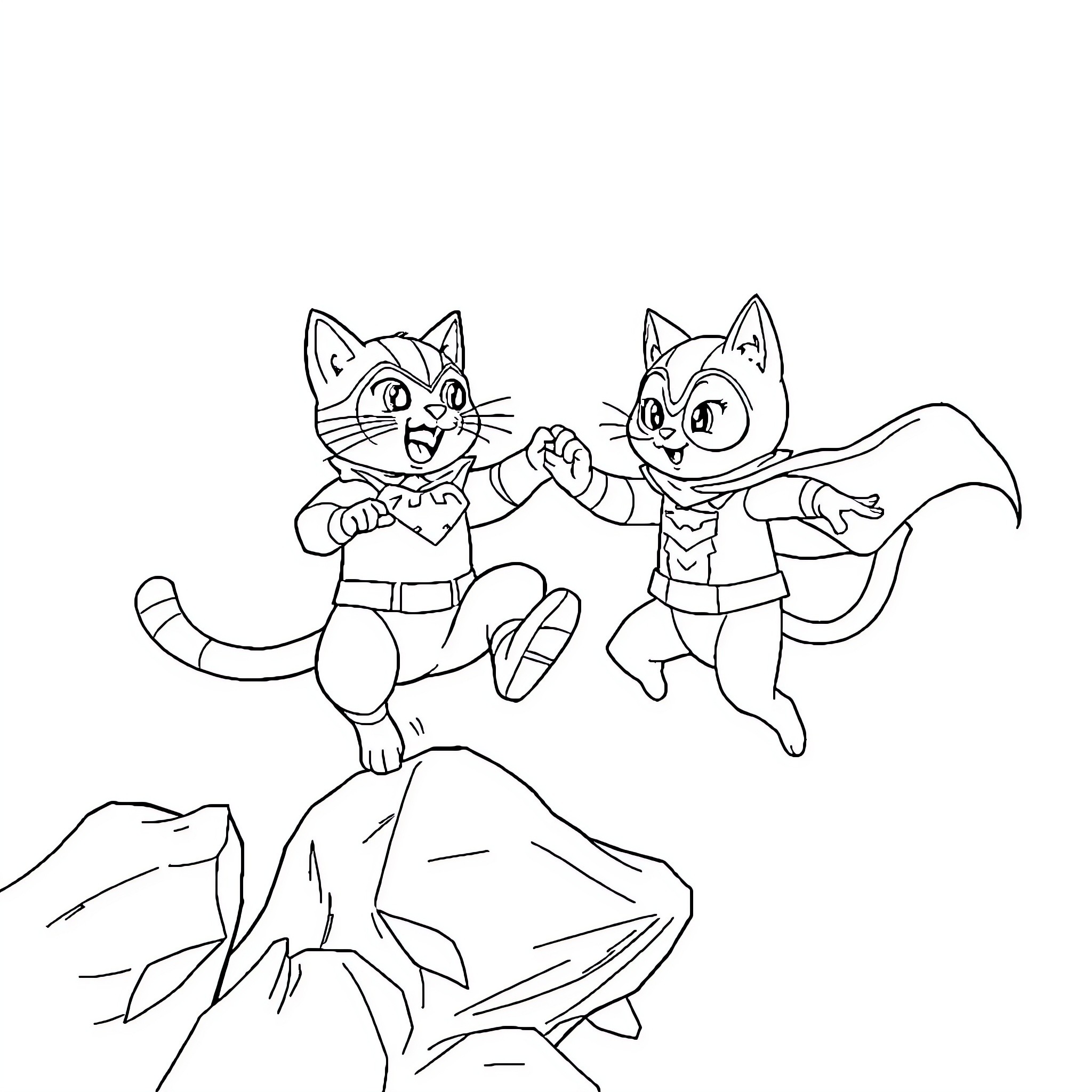Gatinho playing dress-up with friends Coloring Page (free black-and-white line drawing printable PDF for all, from beginners to advanced learners, including children, teens, adults, and seniors)