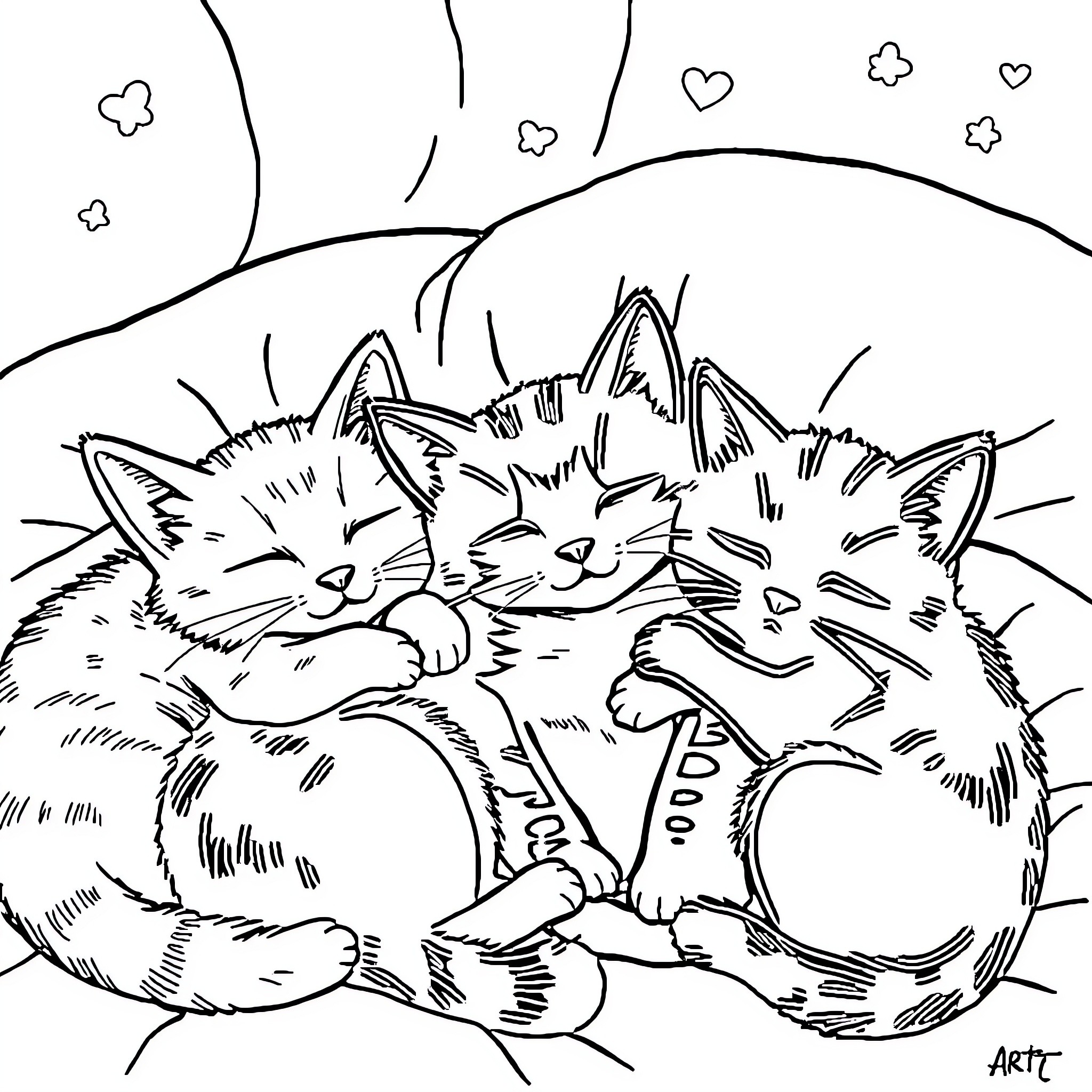 Cat napping peacefully among the stars Coloring Page (free black-and-white line drawing printable PDF for all, from beginners to advanced learners, including children, teens, adults, and seniors)
