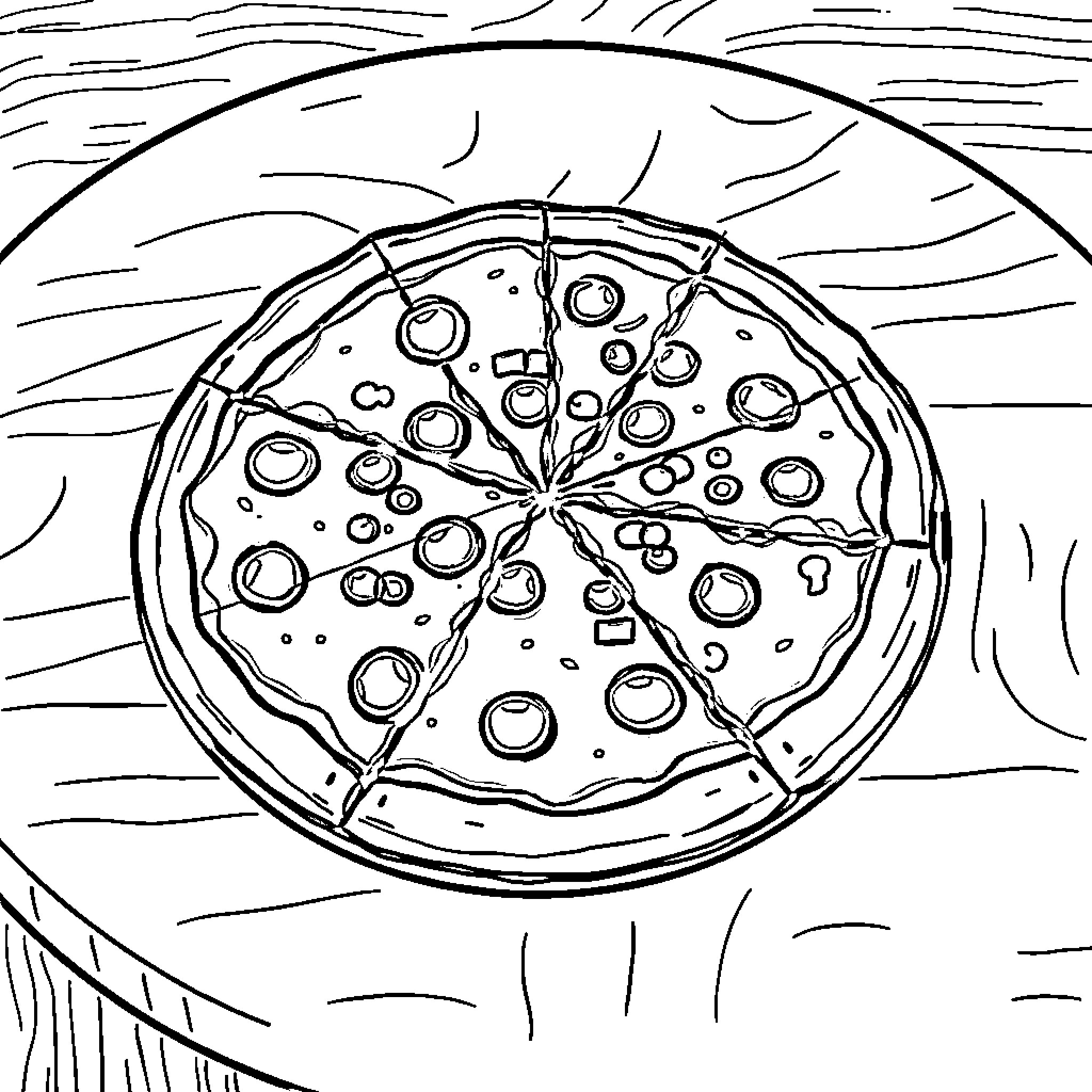 Pizza with Unique Toppings and Patterns Coloring Page (free black-and-white line drawing printable PDF for all, from beginners to advanced learners, including children, teens, adults, and seniors)