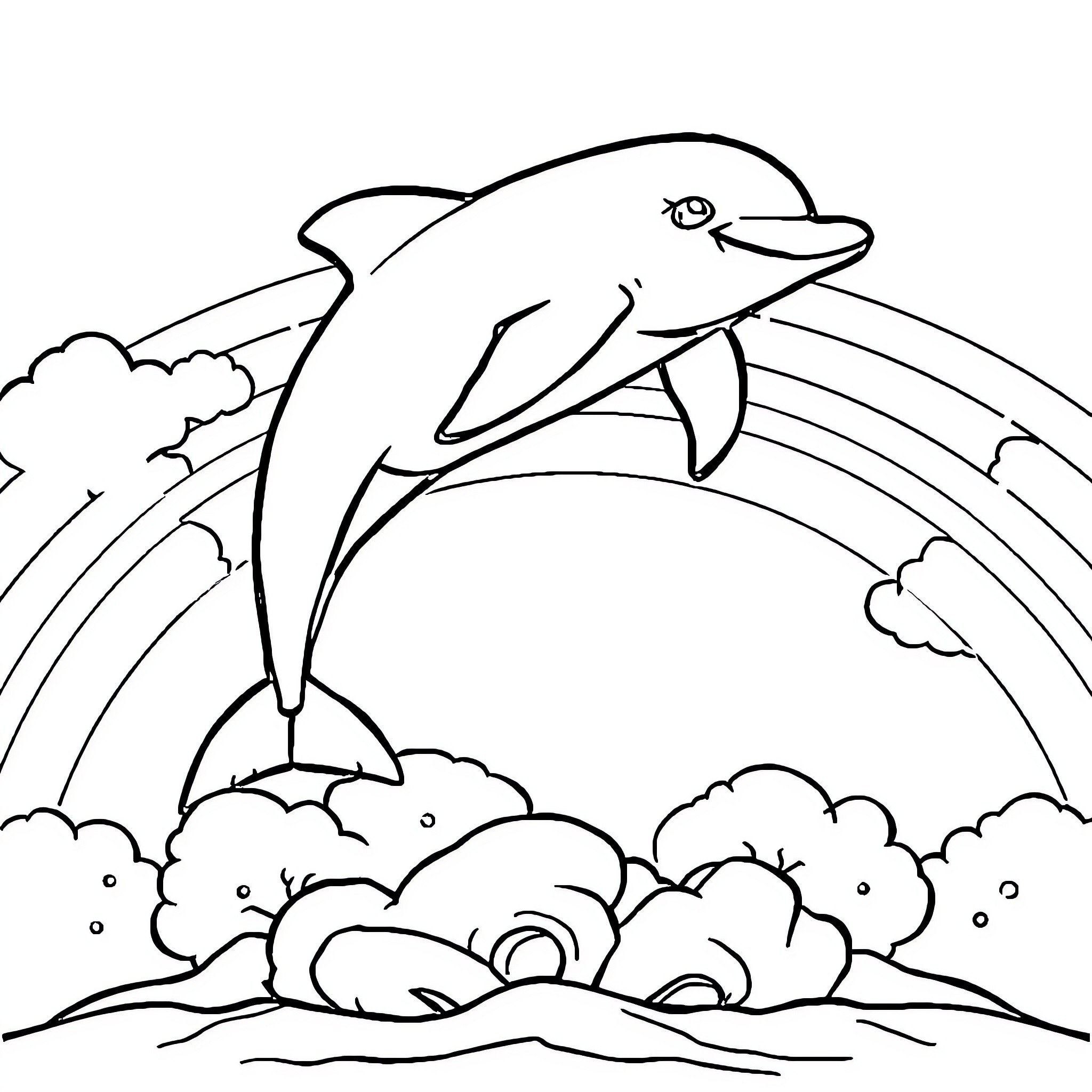 Dolphin jumping over rainbow clouds Coloring Page (free black-and-white line drawing printable PDF for all, from beginners to advanced learners, including children, teens, adults, and seniors)