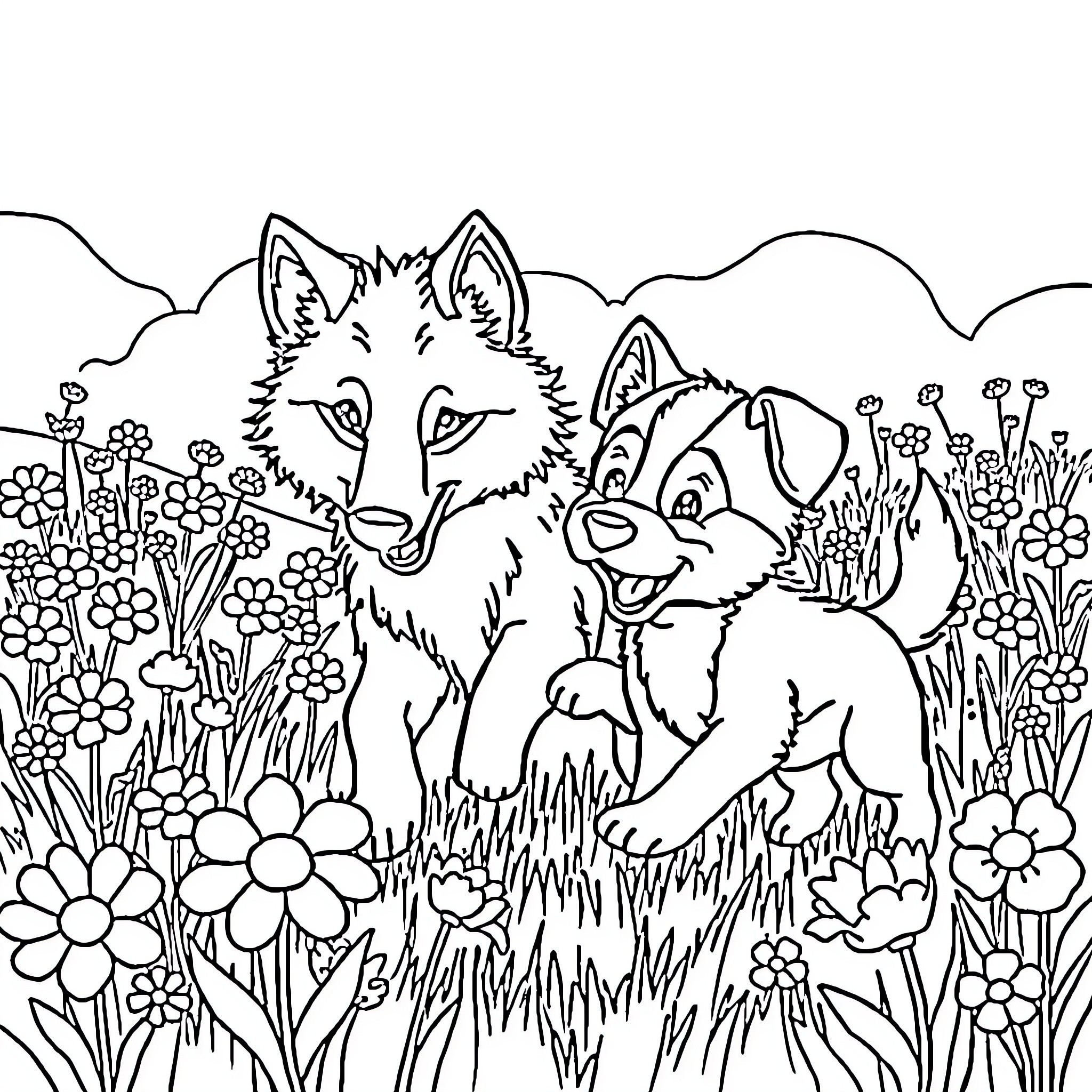 Wolf Pair Exploring Floral Meadow Coloring Page (free black-and-white line drawing printable PDF for all, from beginners to advanced learners, including children, teens, adults, and seniors)