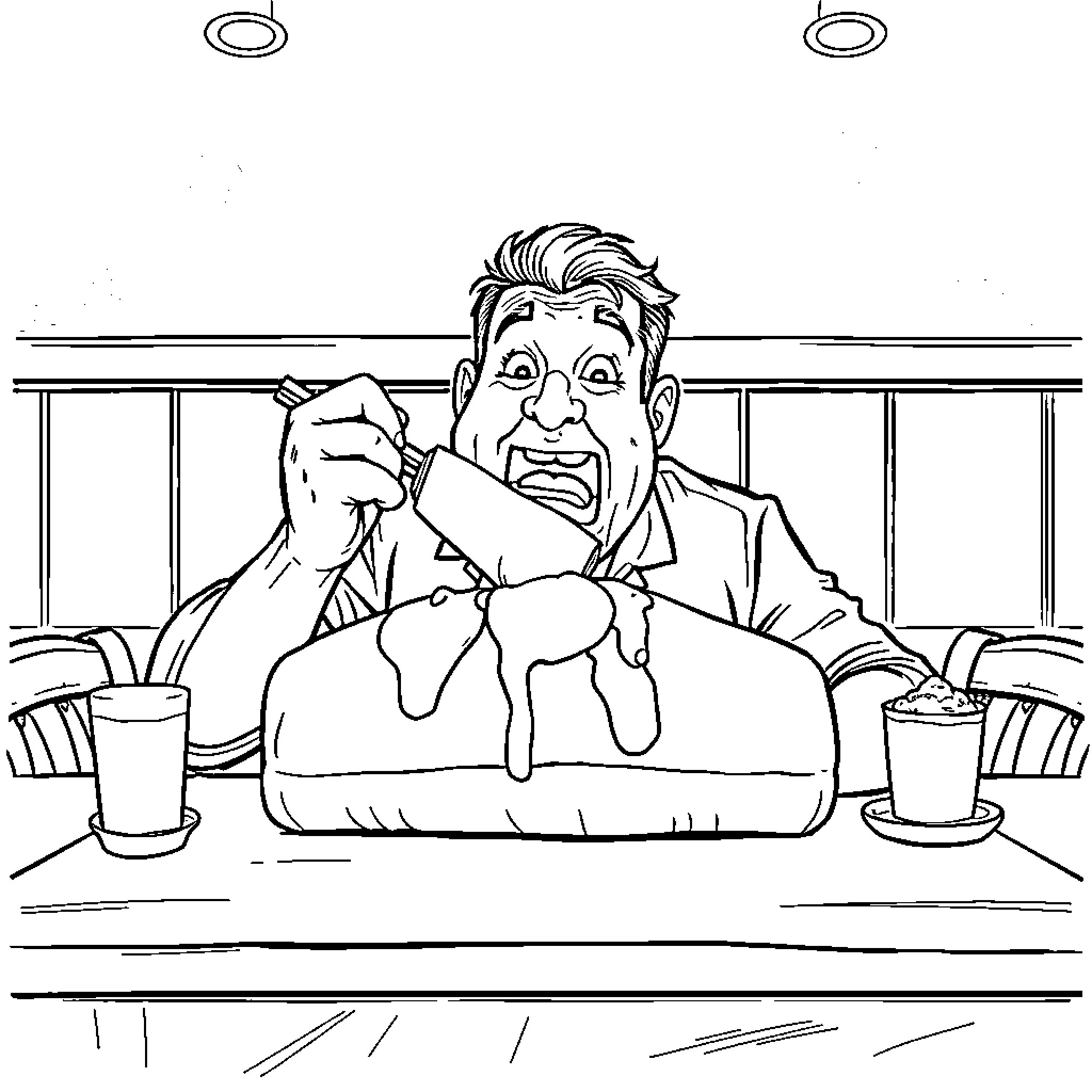 Man sitting on couch with exaggerated expression Coloring Page (free black-and-white line drawing printable PDF for all, from beginners to advanced learners, including children, teens, adults, and seniors)