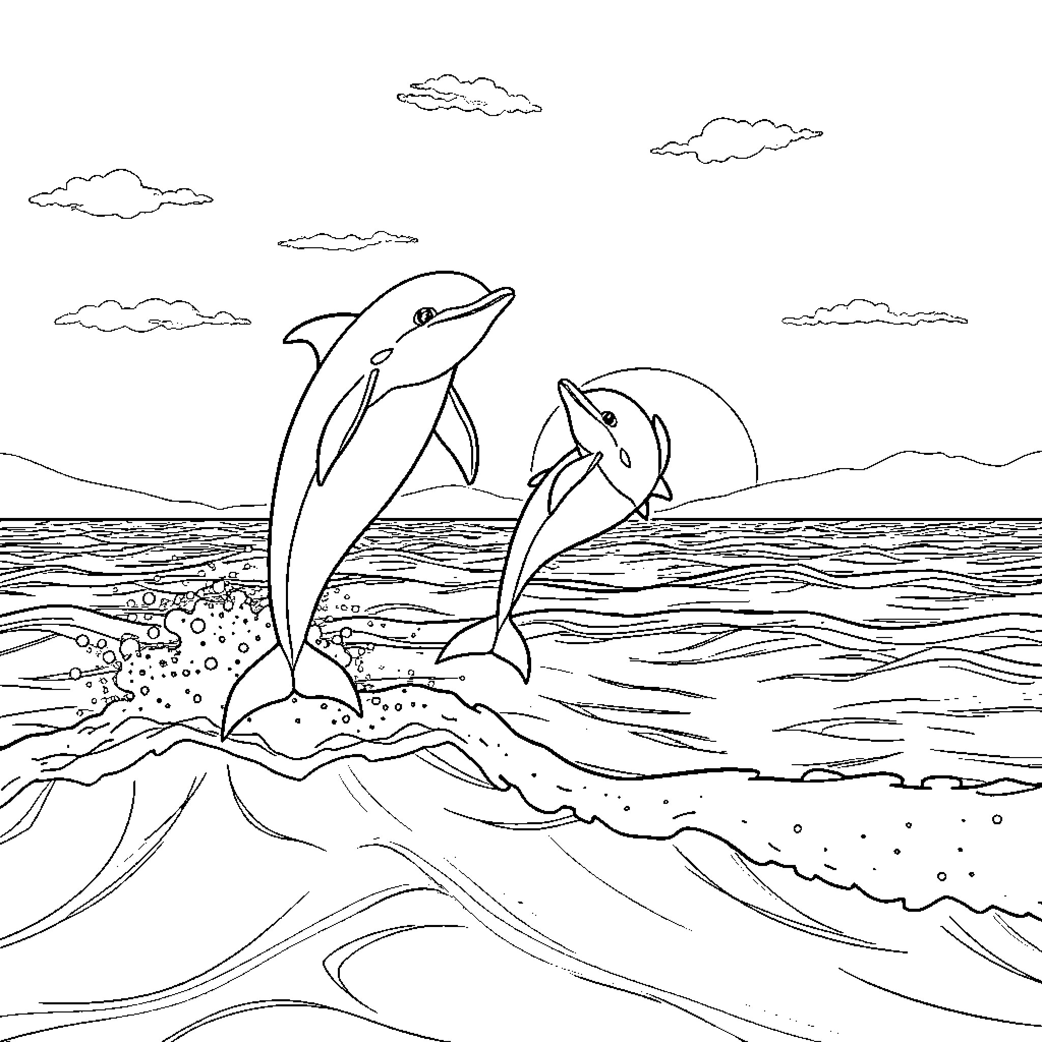 Dolphins leaping gracefully in the ocean waves Coloring Page (free black-and-white line drawing printable PDF for all, from beginners to advanced learners, including children, teens, adults, and seniors)