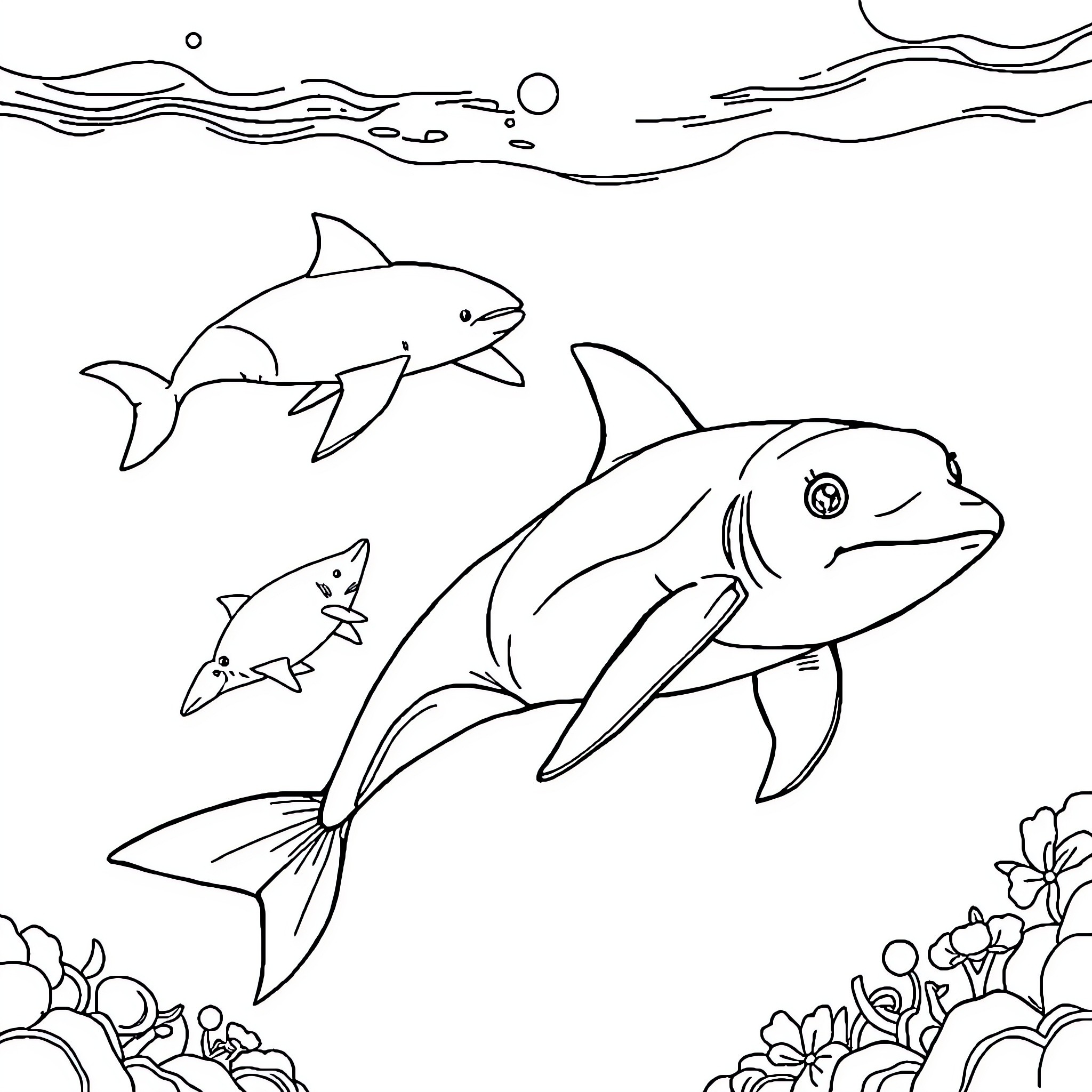 Marine Animals Swimming in the Ocean Coloring Page (free black-and-white line drawing printable PDF for all, from beginners to advanced learners, including children, teens, adults, and seniors)
