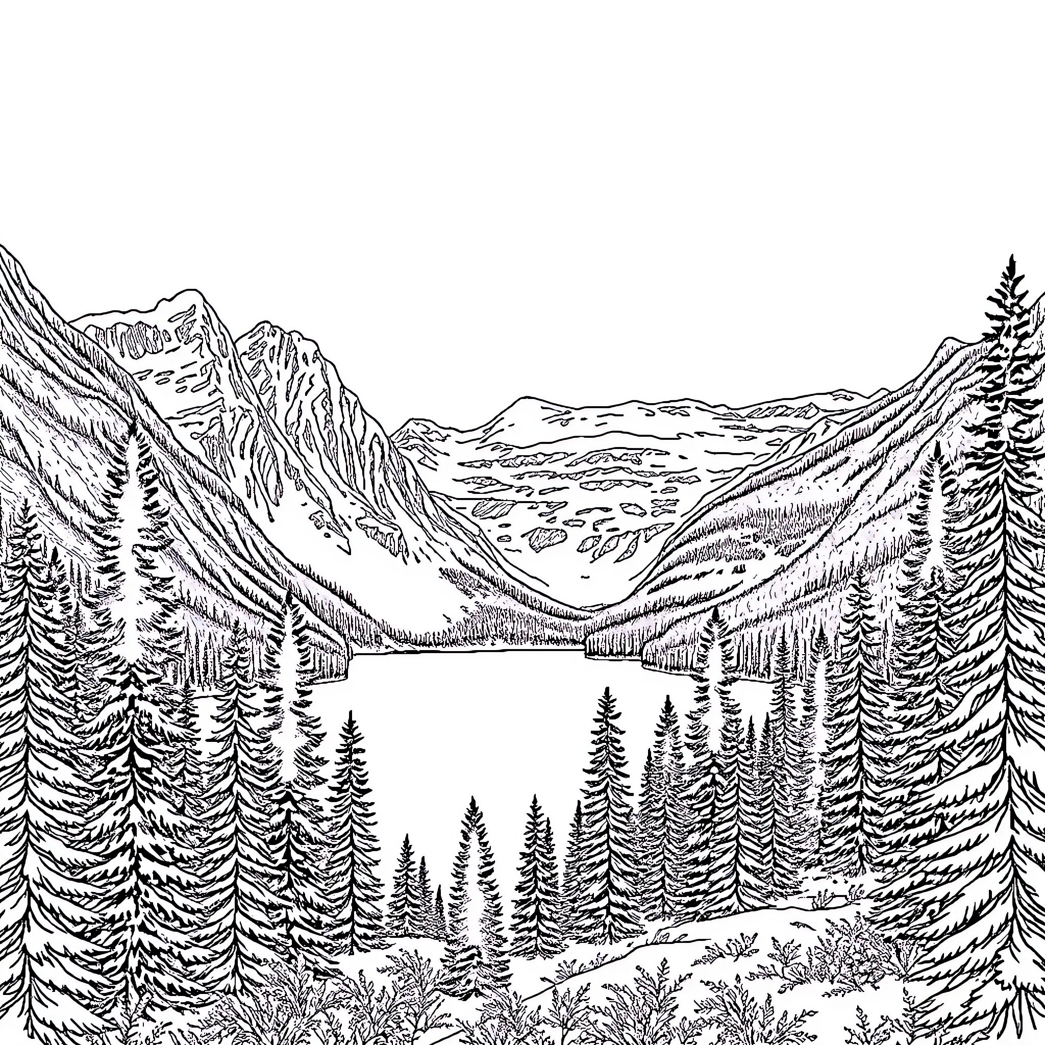 Lake in majestic mountain landscape Coloring Page (free black-and-white line drawing printable PDF for all, from beginners to advanced learners, including children, teens, adults, and seniors)