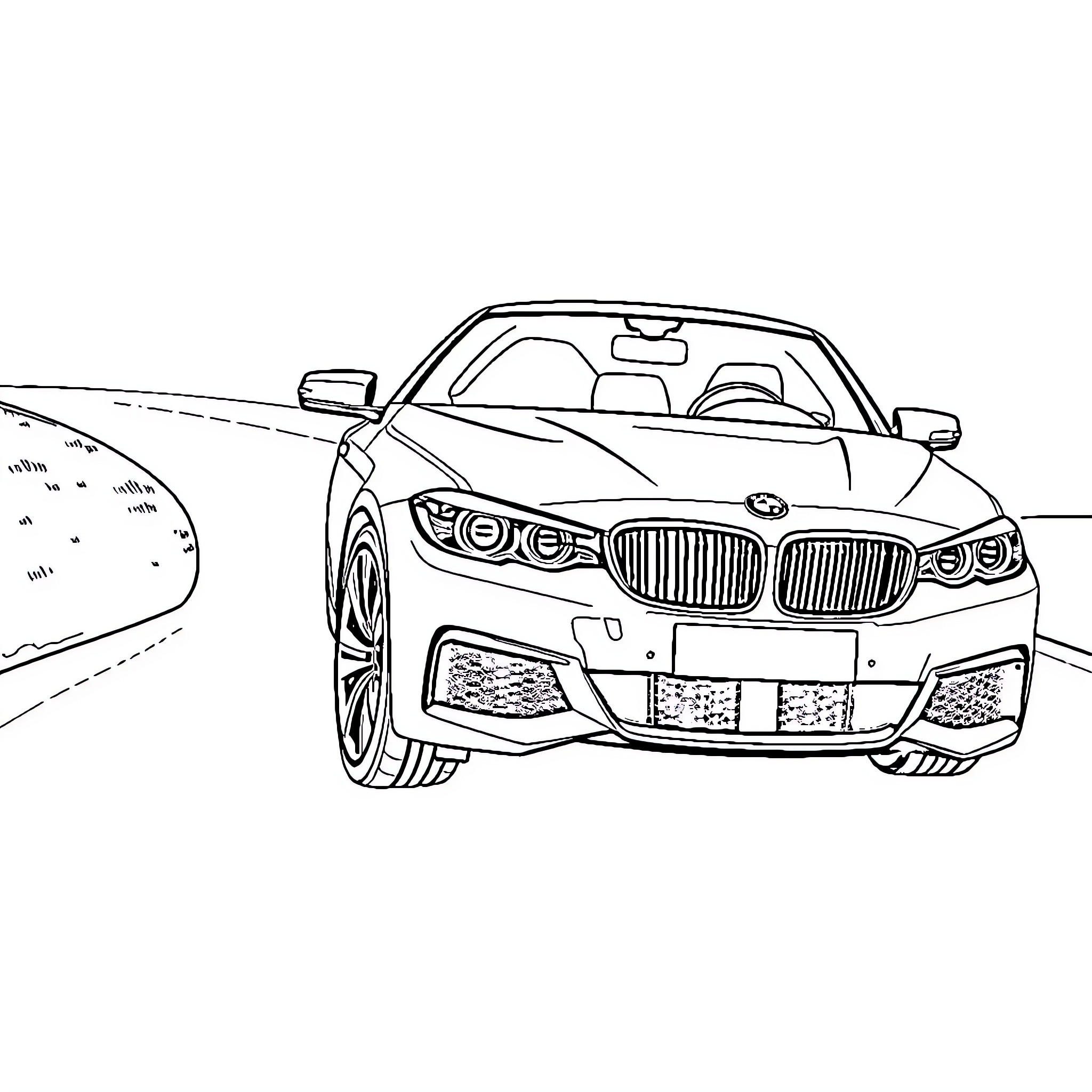 BMW sports car speeding on the road Coloring Page (free black-and-white line drawing printable PDF for all, from beginners to advanced learners, including children, teens, adults, and seniors)