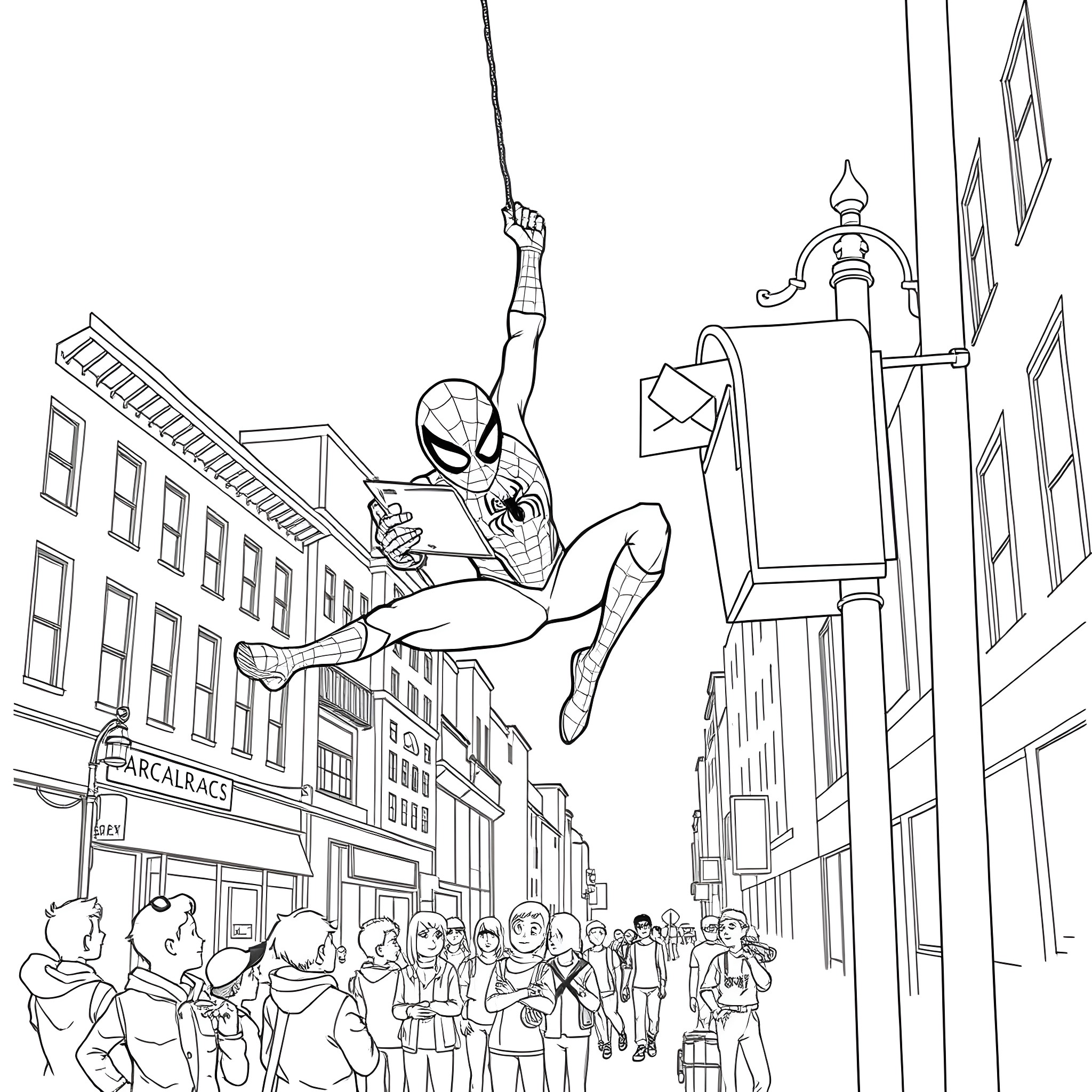 Spiderman swinging through the city streets Coloring Page (free black-and-white line drawing printable PDF for all, from beginners to advanced learners, including children, teens, adults, and seniors)