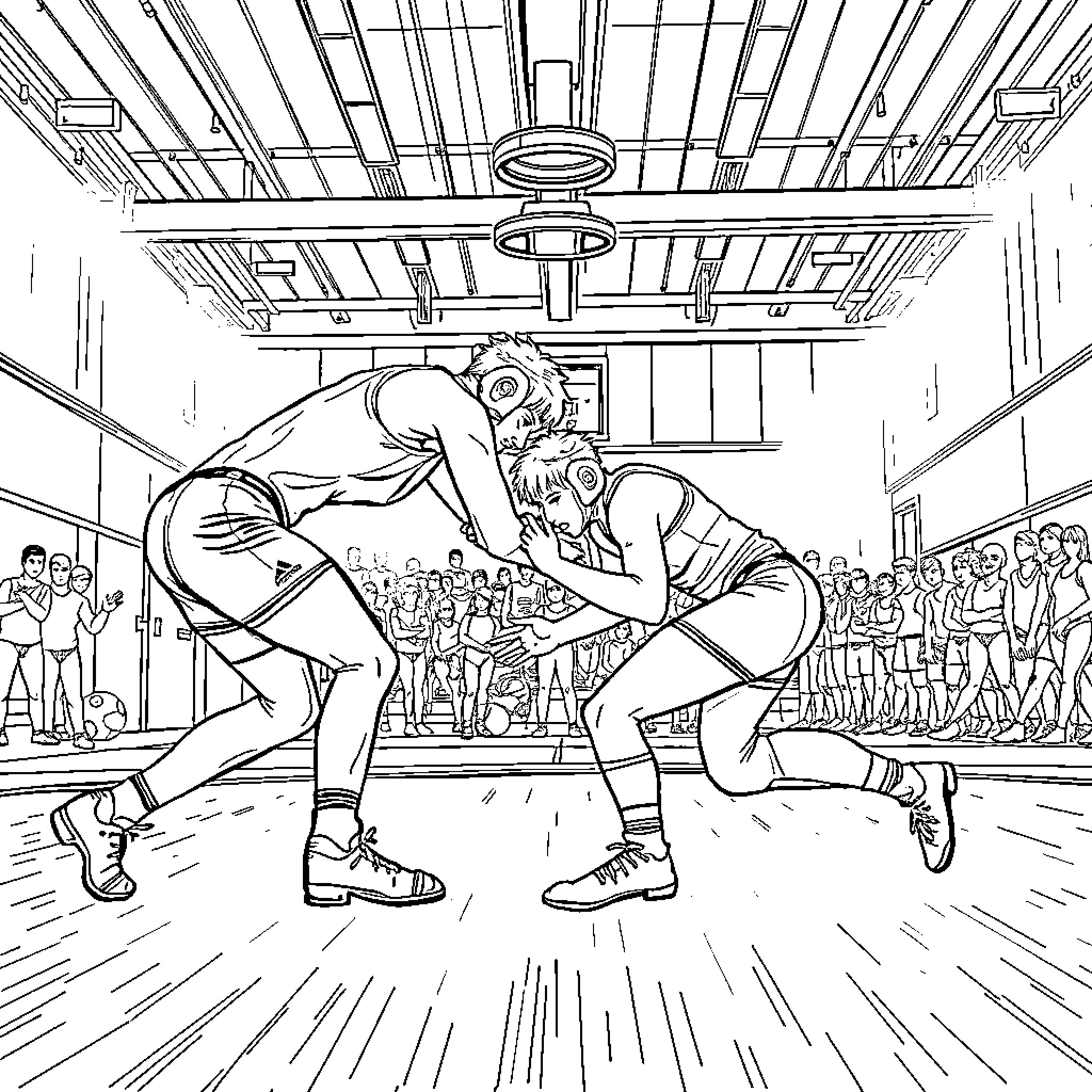 Wrestler grappling and competing on a wrestling mat Coloring Page (free black-and-white line drawing printable PDF for all, from beginners to advanced learners, including children, teens, adults, and seniors)