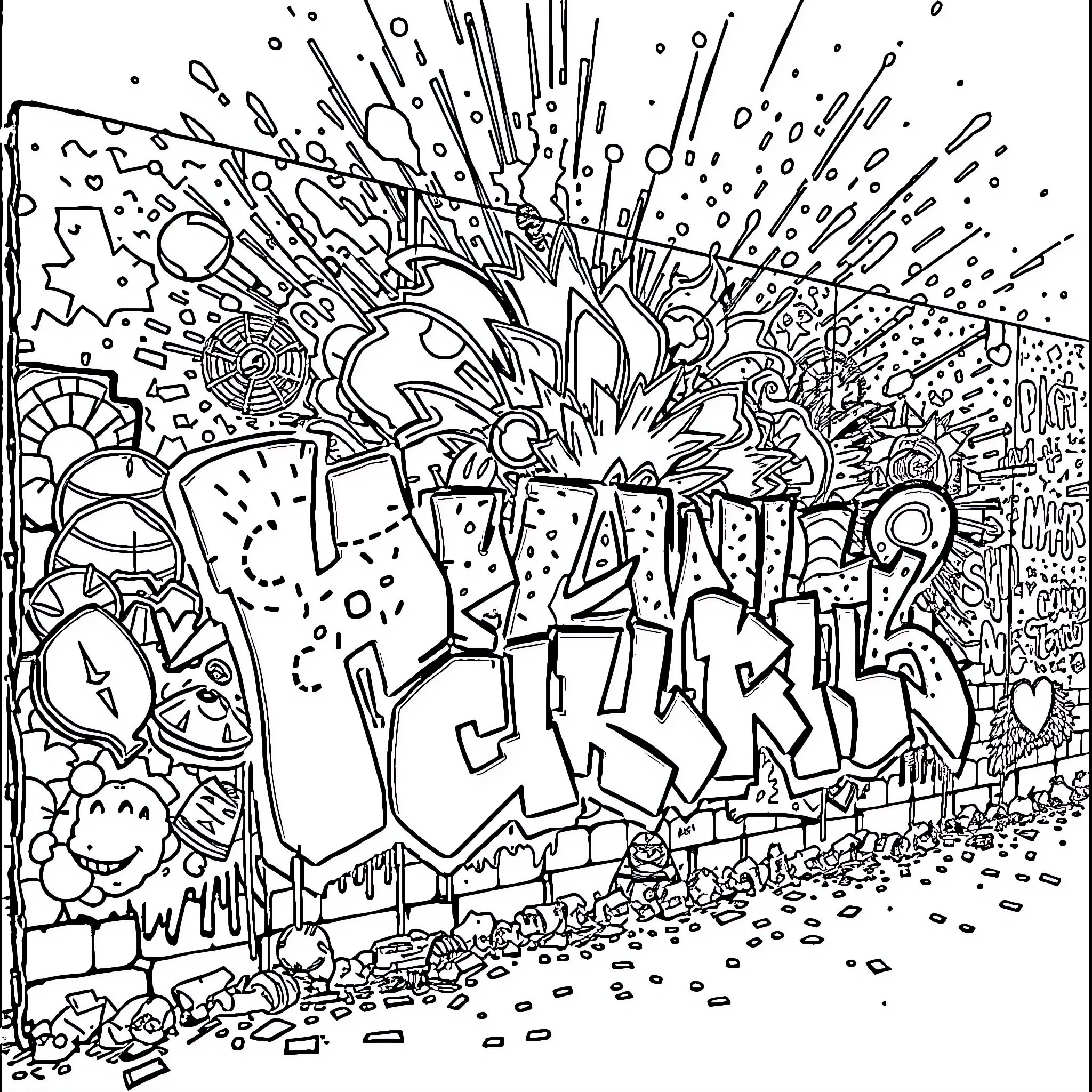 Graffiti artwork showcasing an abstract explosion of shapes and lines Coloring Page (free black-and-white line drawing printable PDF for all, from beginners to advanced learners, including children, teens, adults, and seniors)
