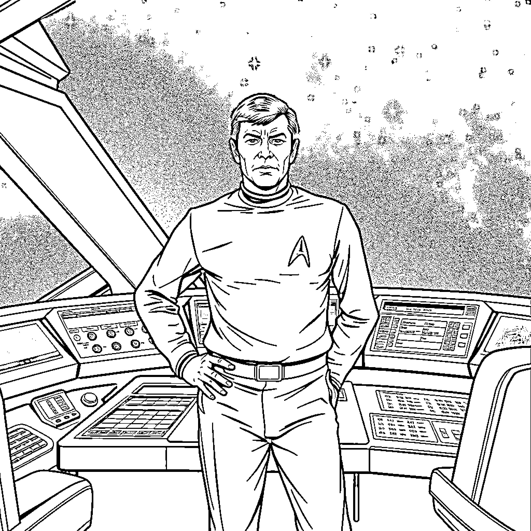 Captain Kirk commanding his starship Coloring Page (free black-and-white line drawing printable PDF for all, from beginners to advanced learners, including children, teens, adults, and seniors)