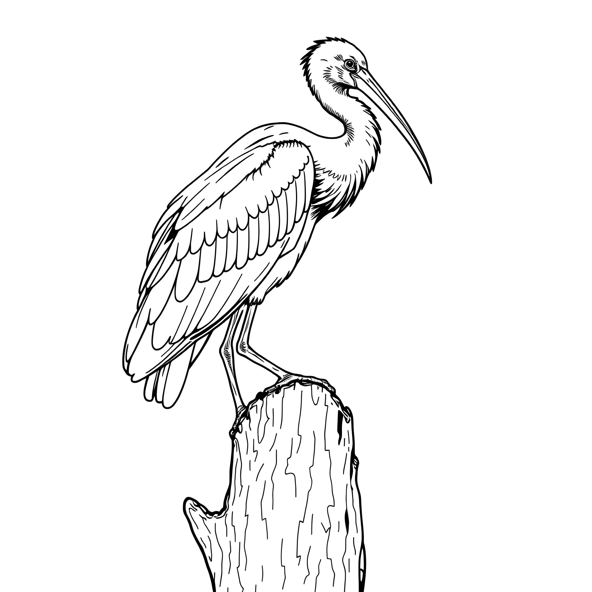 Ibis perched on a tree stump Coloring Page (free black-and-white line drawing printable PDF for all, from beginners to advanced learners, including children, teens, adults, and seniors)