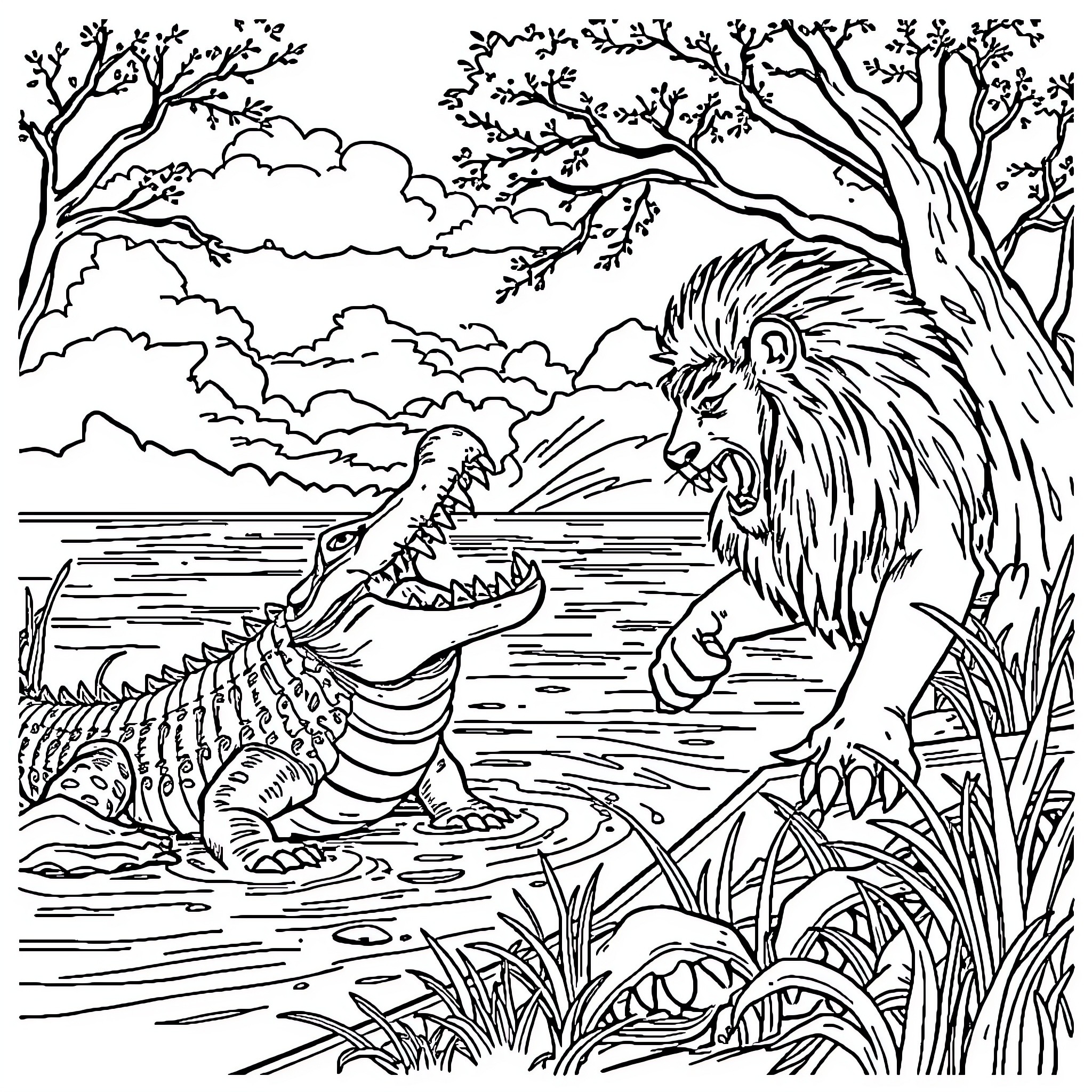 Lion vs Crocodile in the Wild Landscape Coloring Page (free black-and-white line drawing printable PDF for all, from beginners to advanced learners, including children, teens, adults, and seniors)