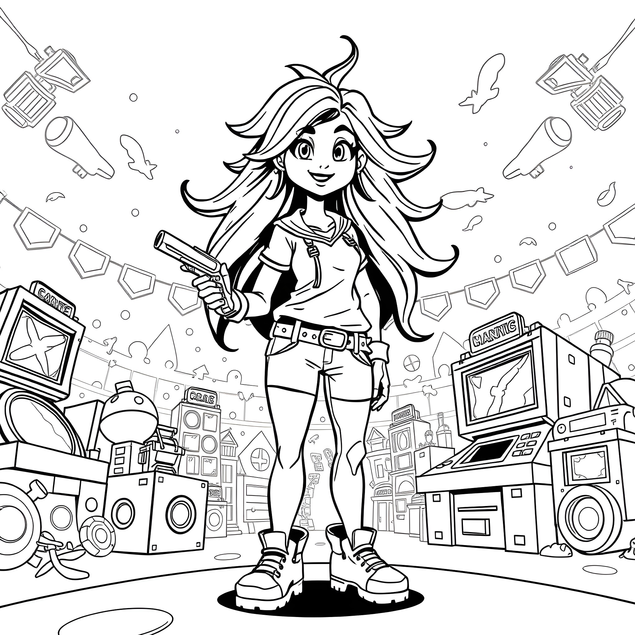 Mandy's Adventurous Tech-Filled Journey Coloring Page (free black-and-white line drawing printable PDF for all, from beginners to advanced learners, including children, teens, adults, and seniors)