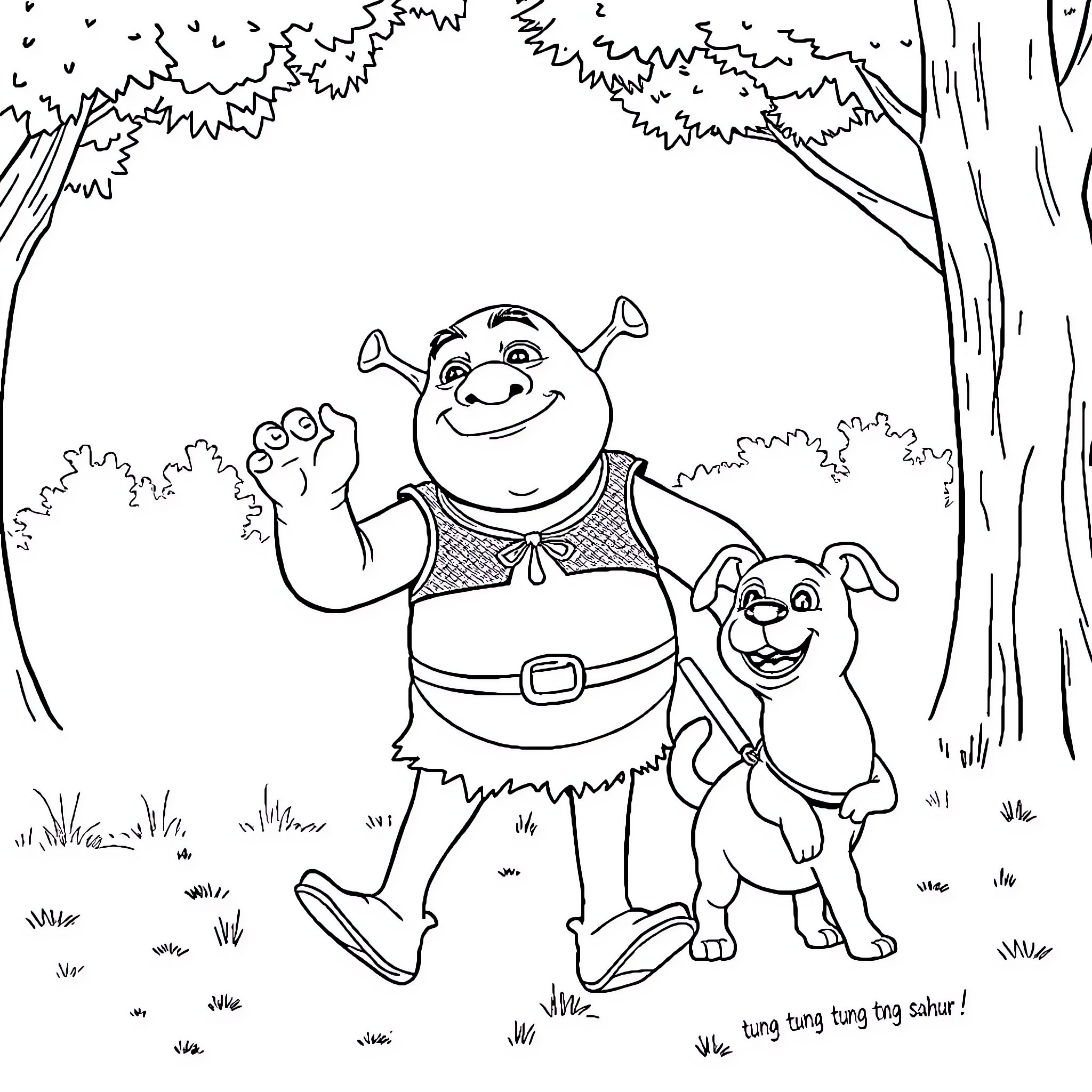 Shrek and Donkey exploring the forest Coloring Page (free black-and-white line drawing printable PDF for all, from beginners to advanced learners, including children, teens, adults, and seniors)
