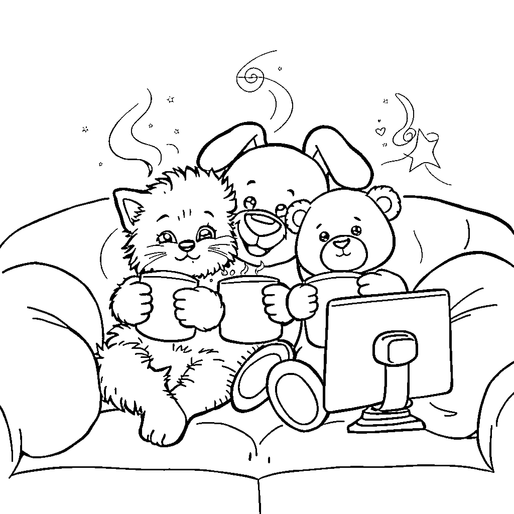 Cocowyo's Playful Exploration with Furry Friends Coloring Page (free black-and-white line drawing printable PDF for all, from beginners to advanced learners, including children, teens, adults, and seniors)