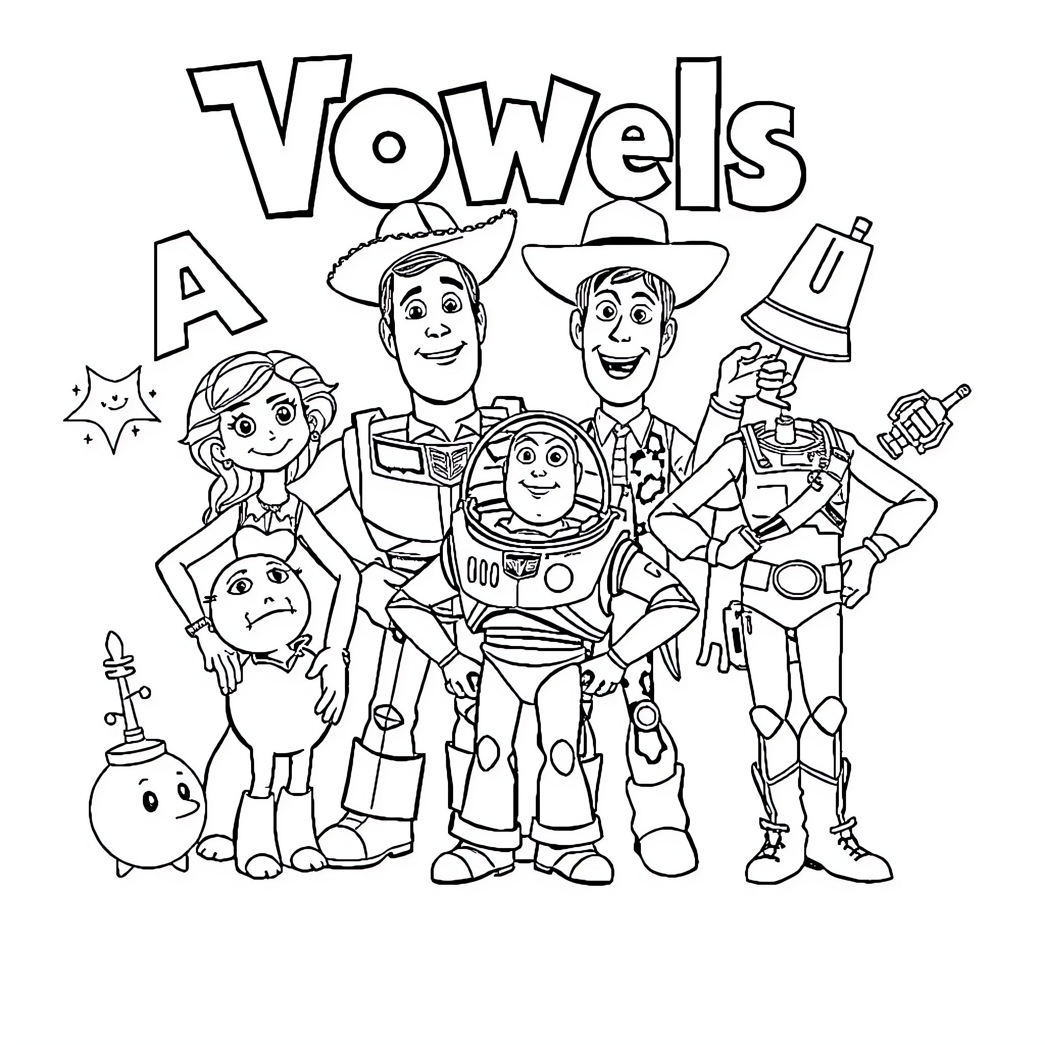 Toy Story Characters Exploring Vowels Coloring Page (free black-and-white line drawing printable PDF for all, from beginners to advanced learners, including children, teens, adults, and seniors)