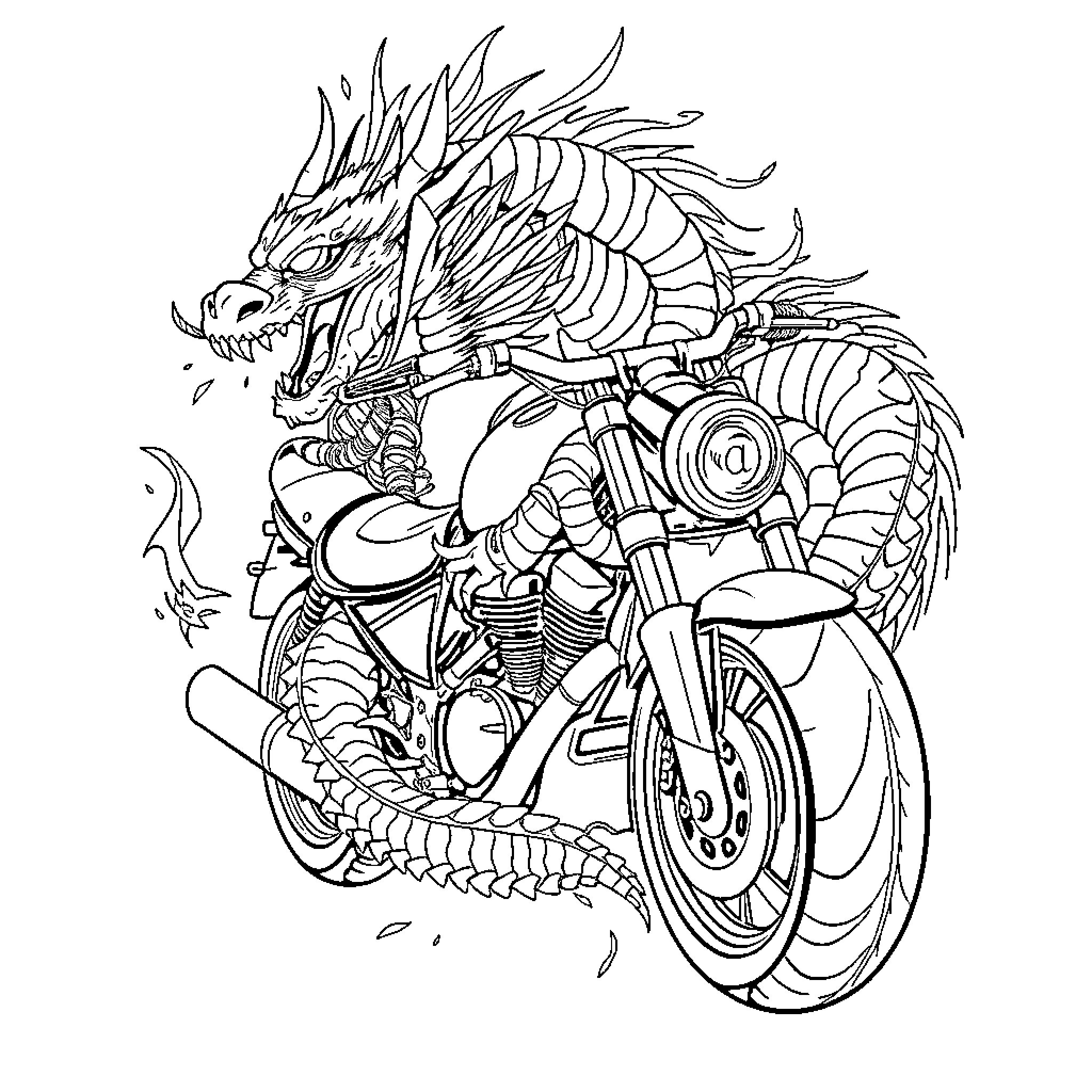 Motorcycle with Fierce Dragon Rider Coloring Page (free black-and-white line drawing printable PDF for all, from beginners to advanced learners, including children, teens, adults, and seniors)