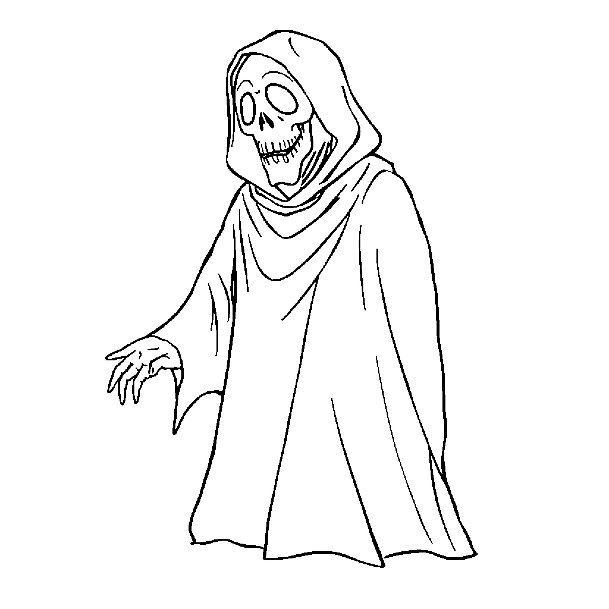 Ghostface in Sinister Cloak and Skeleton Mask Coloring Page (free black-and-white line drawing printable PDF for all, from beginners to advanced learners, including children, teens, adults, and seniors)
