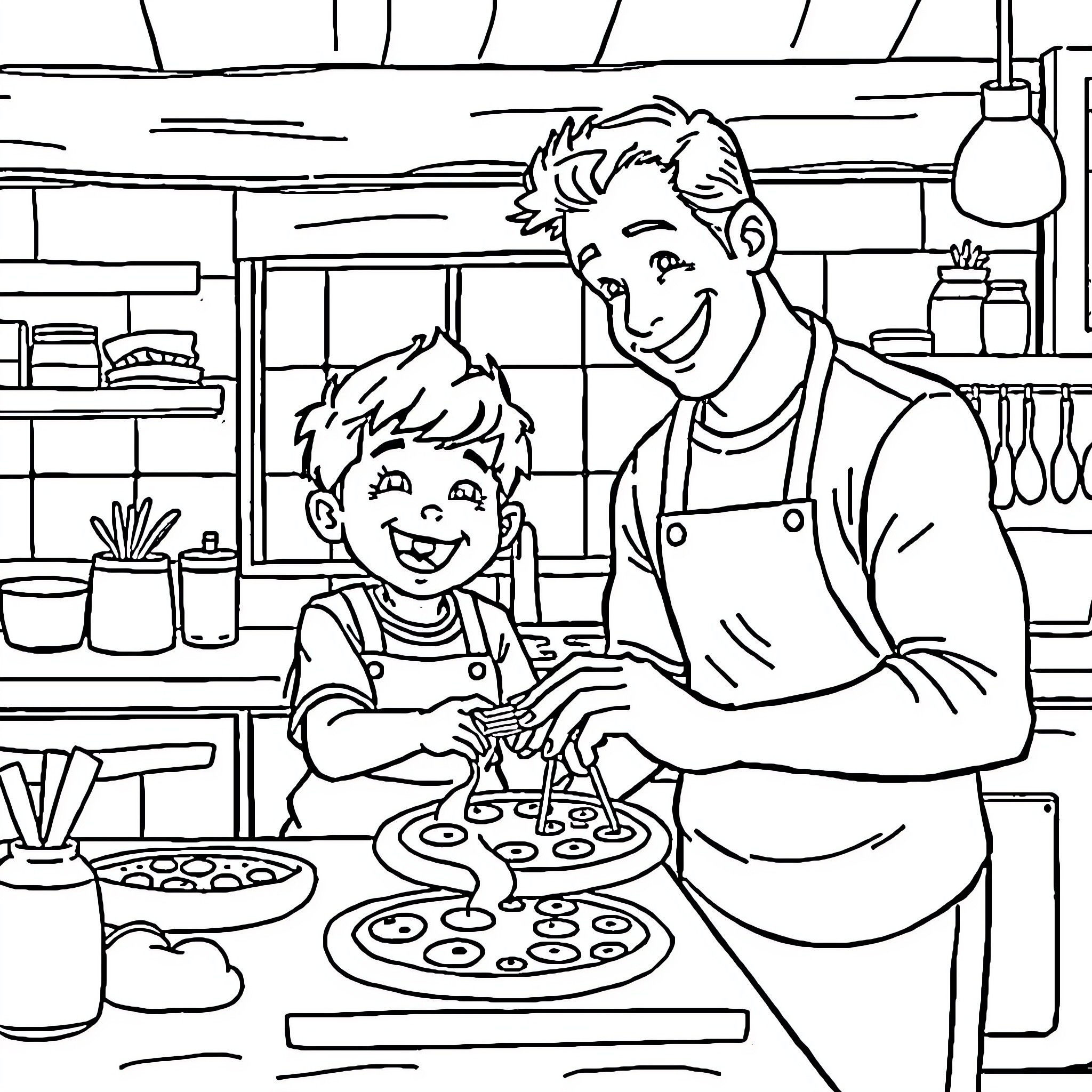 Boy Helping Dad Prepare Meal in Kitchen Coloring Page (free black-and-white line drawing printable PDF for all, from beginners to advanced learners, including children, teens, adults, and seniors)