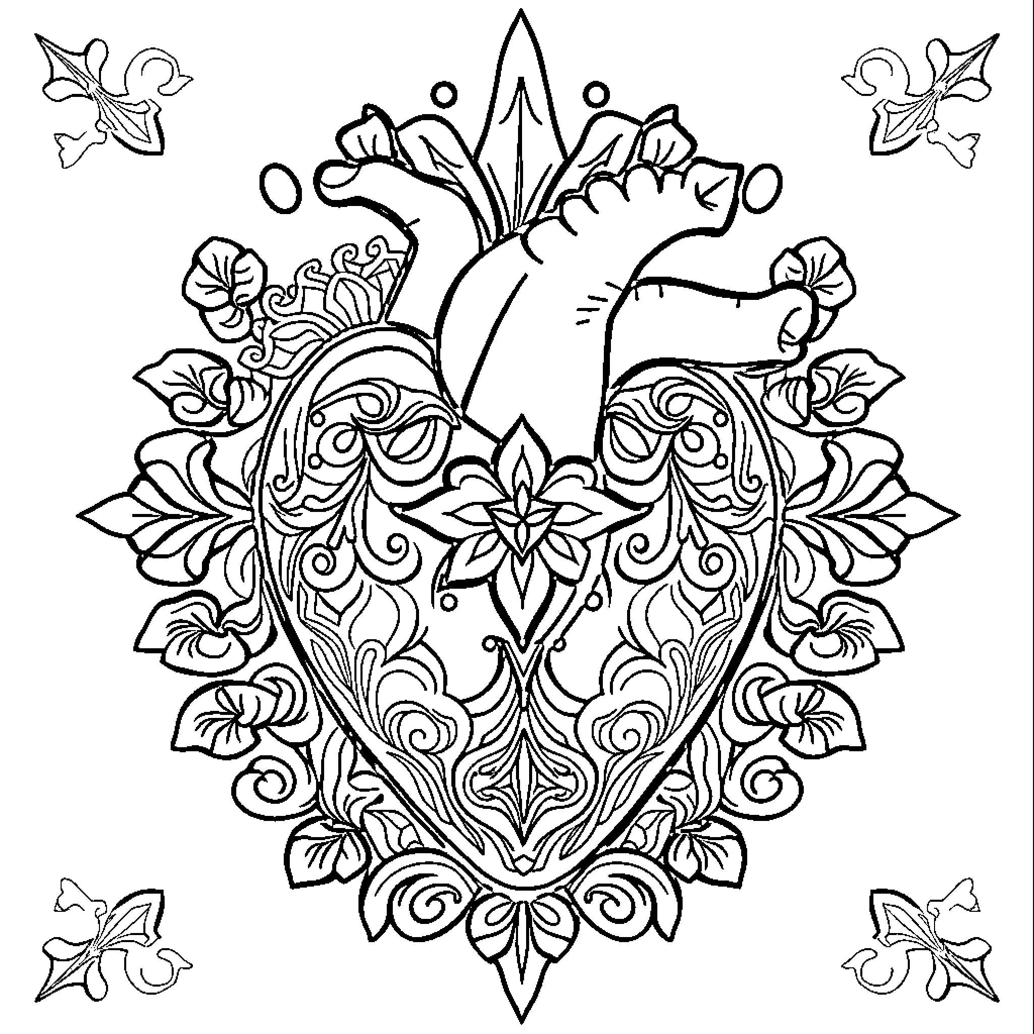 Sacred Heart with ornate floral patterns Coloring Page (free black-and-white line drawing printable PDF for all, from beginners to advanced learners, including children, teens, adults, and seniors)