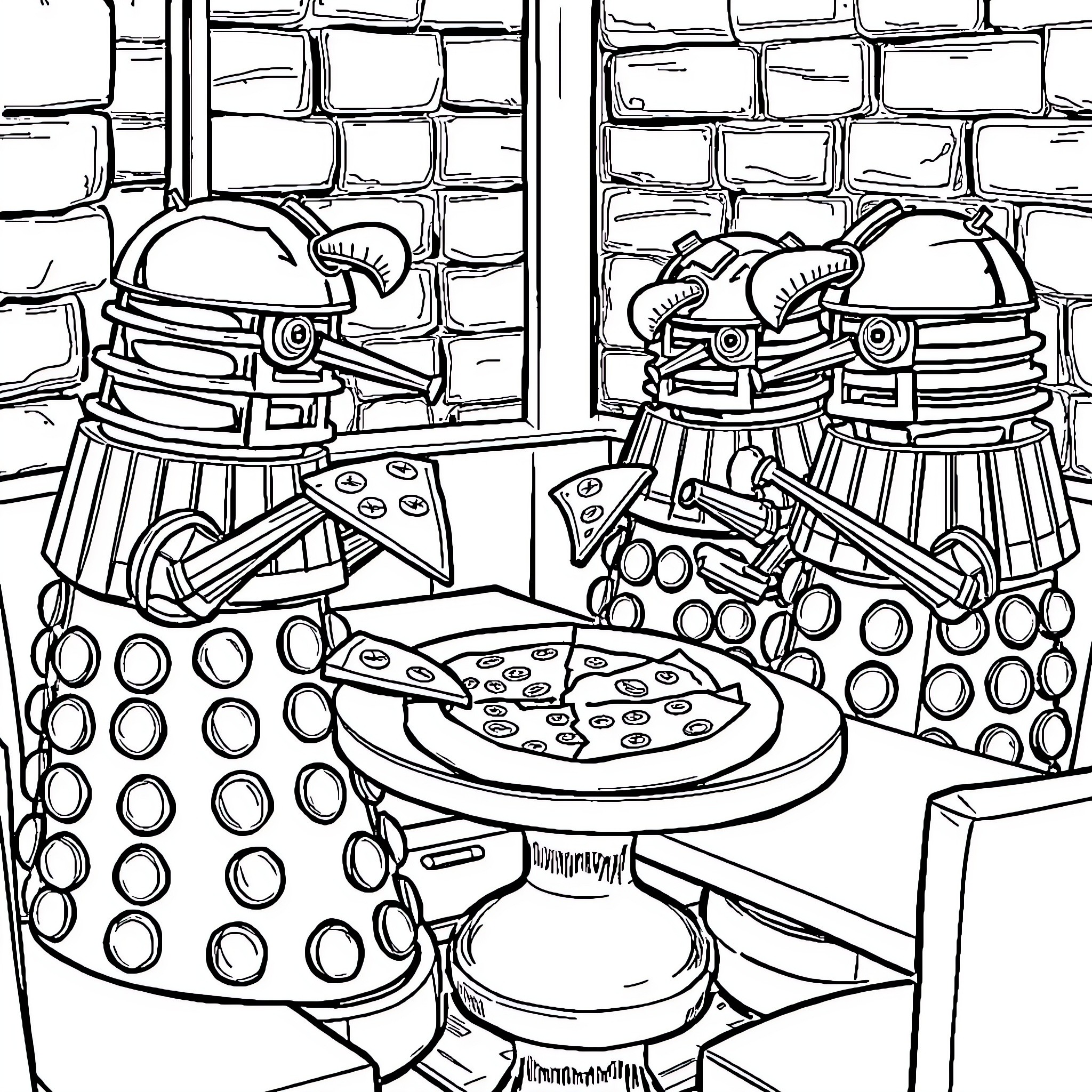 Dalek Pizza Party in the Lair Coloring Page (free black-and-white line drawing printable PDF for all, from beginners to advanced learners, including children, teens, adults, and seniors)