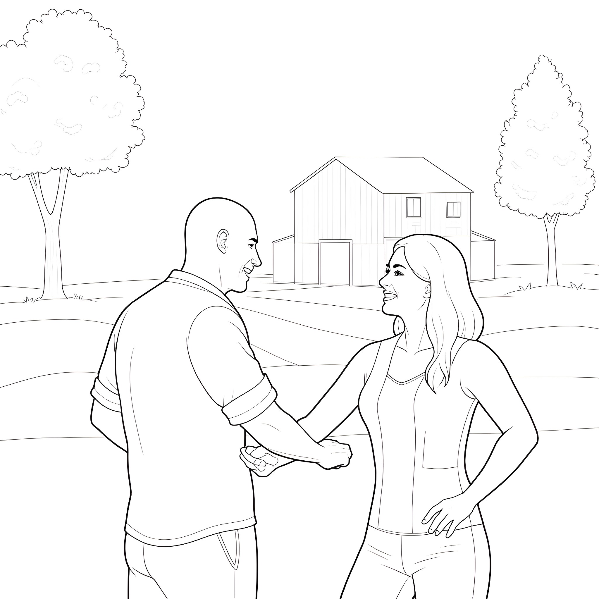Husband and wife enjoying the outdoors together Coloring Page (free black-and-white line drawing printable PDF for all, from beginners to advanced learners, including children, teens, adults, and seniors)