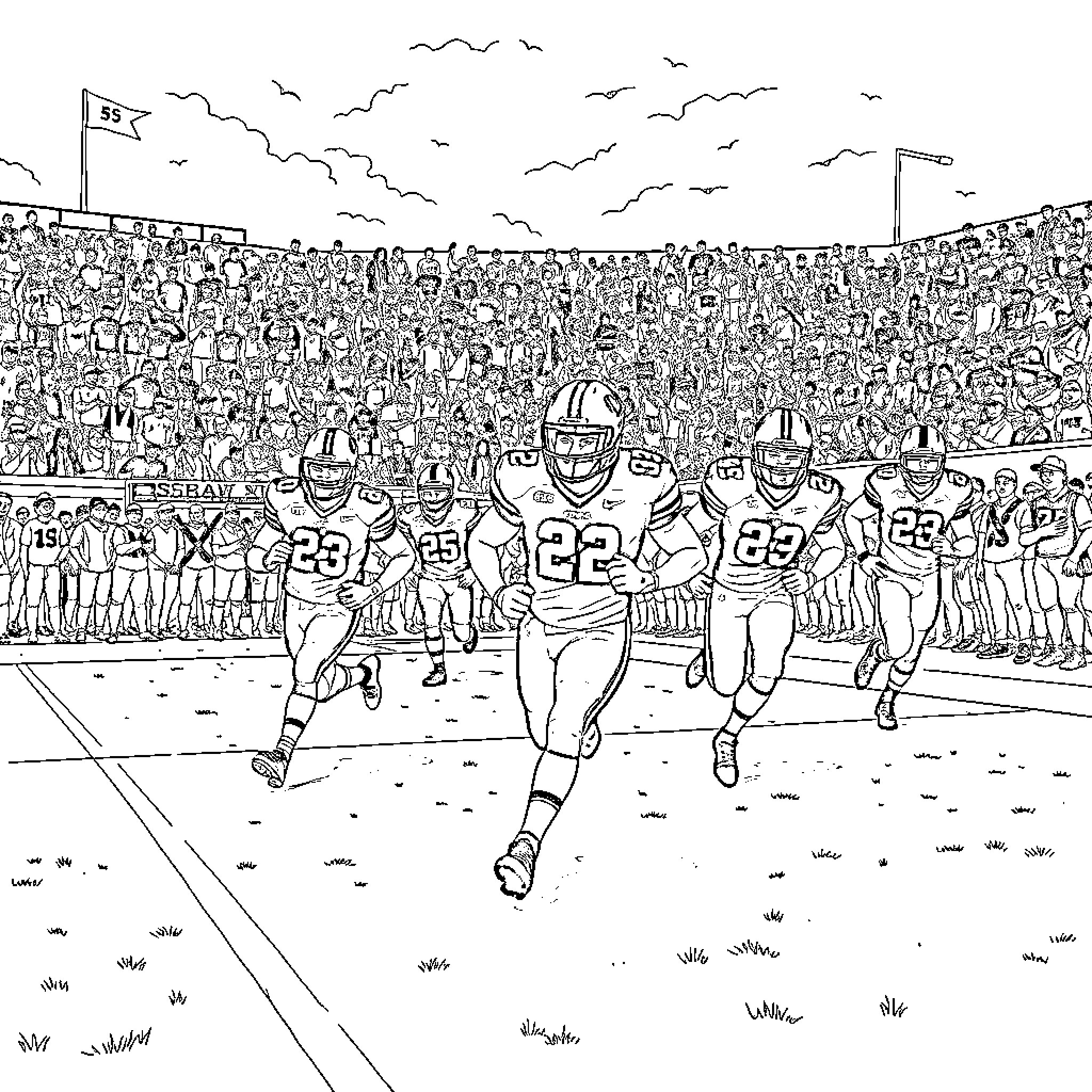 Football players in action on the field with fans Coloring Page (free black-and-white line drawing printable PDF for all, from beginners to advanced learners, including children, teens, adults, and seniors)