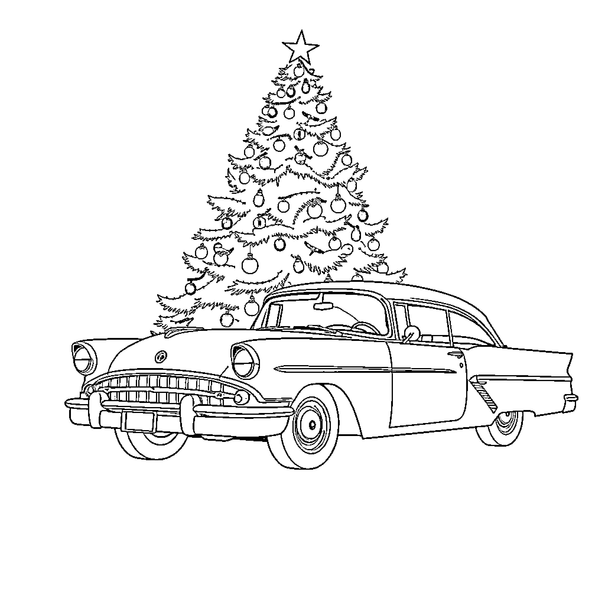 Car with Christmas Tree and Ornaments Coloring Page (free black-and-white line drawing printable PDF for all, from beginners to advanced learners, including children, teens, adults, and seniors)