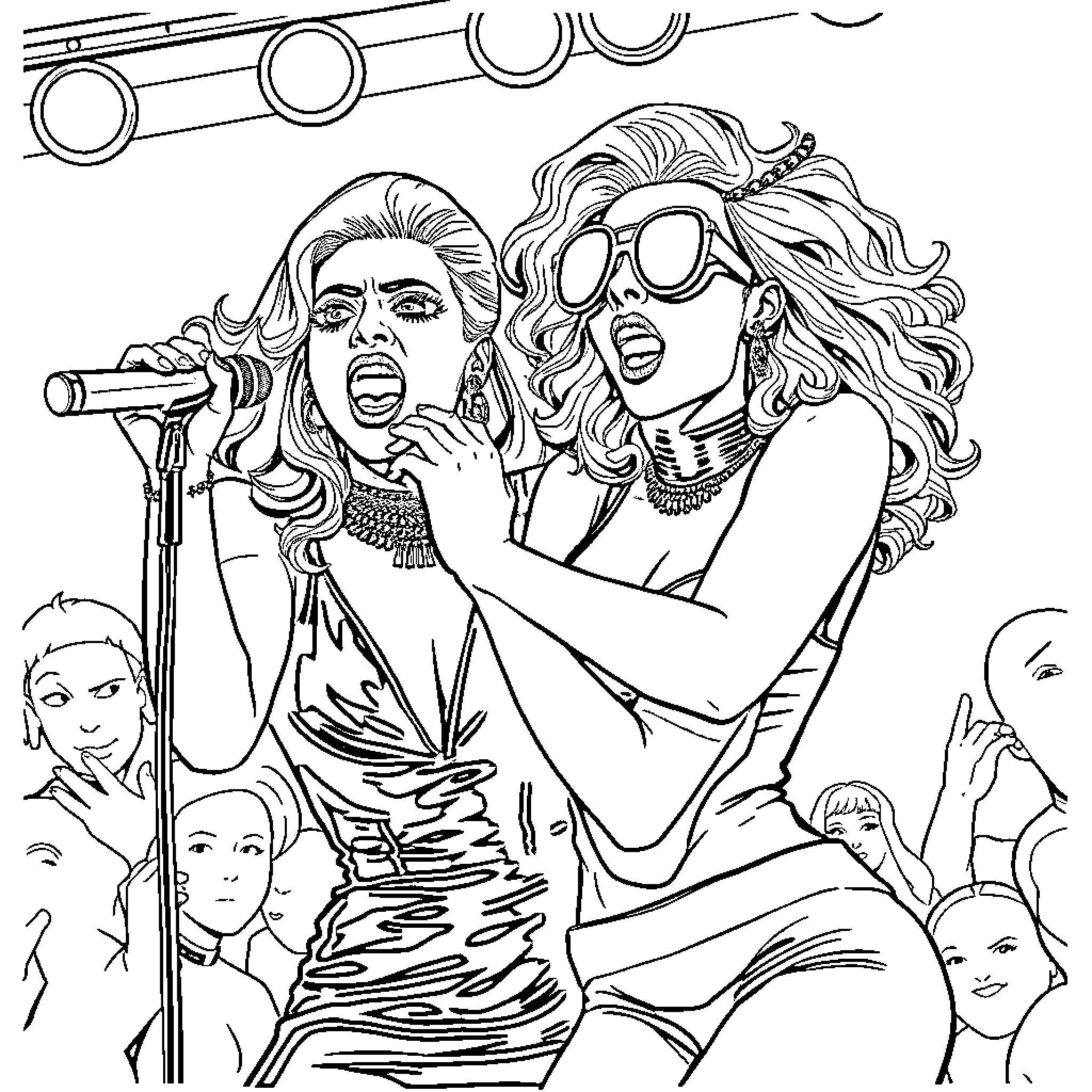 Lady Gaga's Electrifying Stage Presence Coloring Page (free black-and-white line drawing printable PDF for all, from beginners to advanced learners, including children, teens, adults, and seniors)
